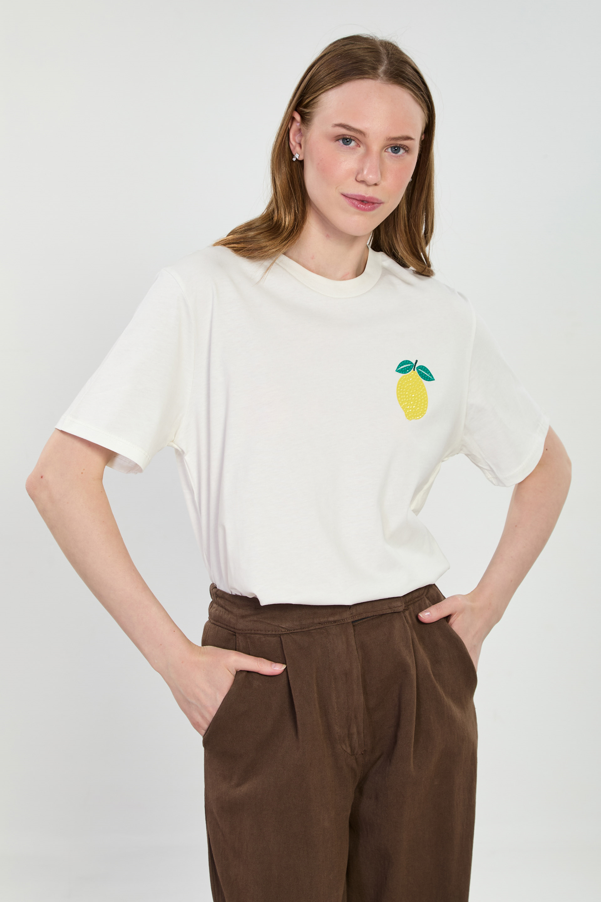 Kadın Göğsü Limon Baskılı Oversize T-Shirt - Ekru
