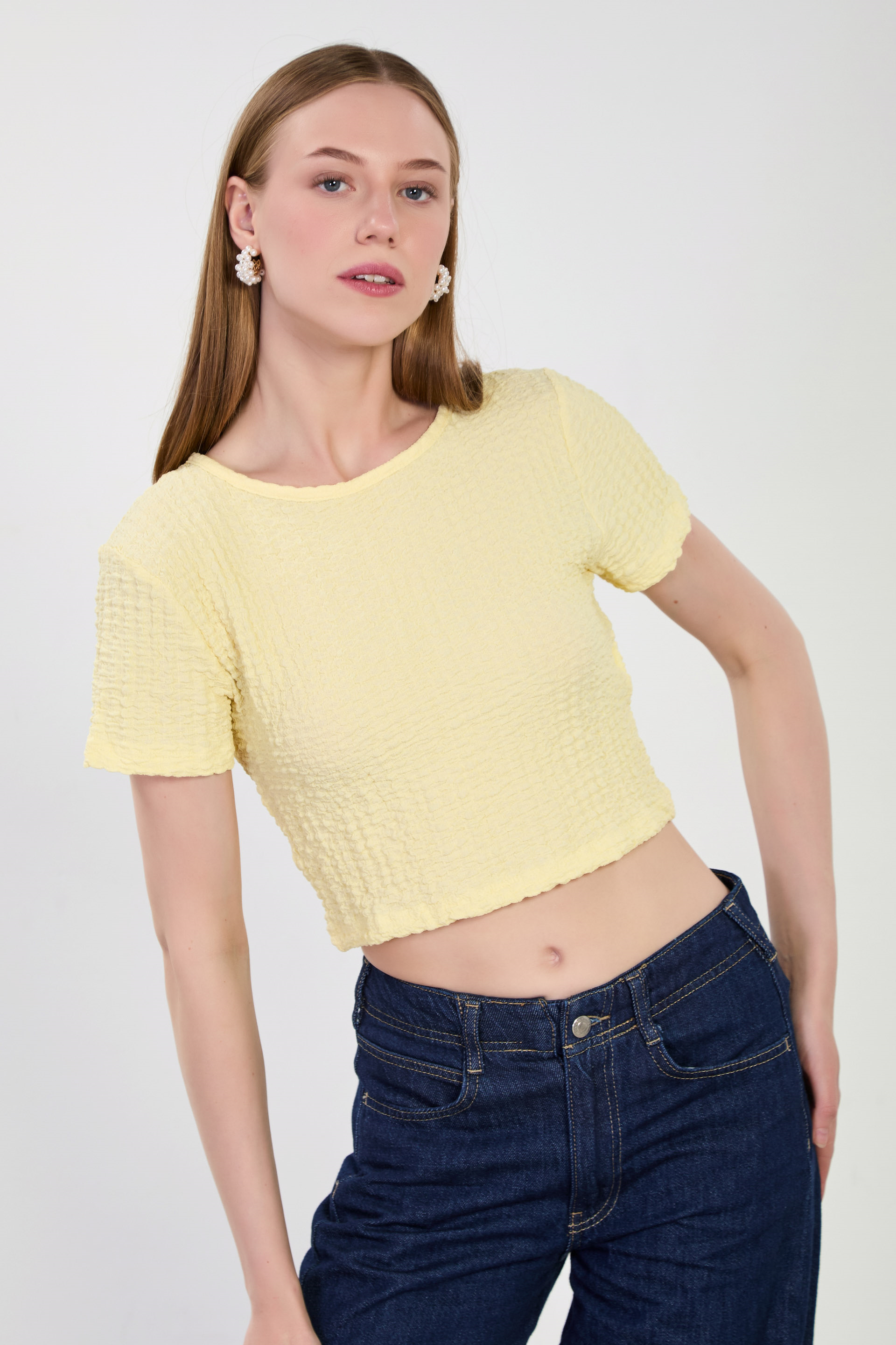 Kadın Kısa Kollu Bubble T-Shirt - Sarı
