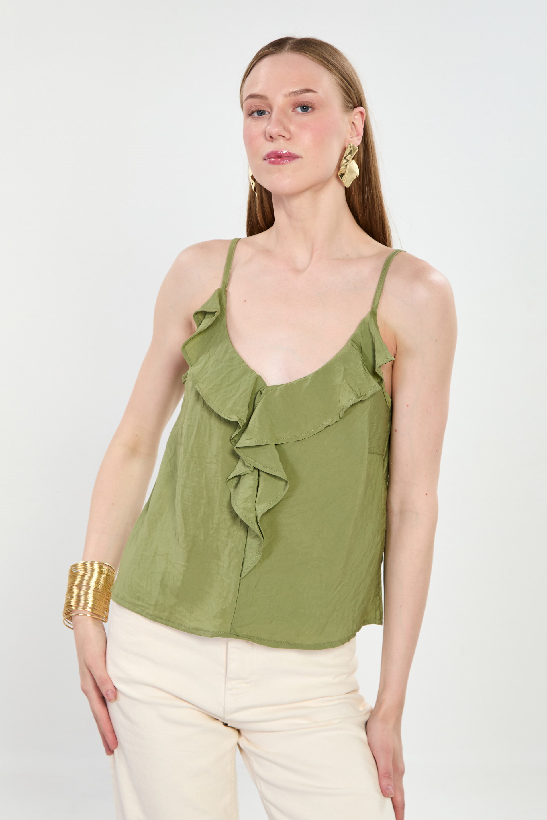 Kadın İp Askılı Önü Fırfırlı Bluz - Haki