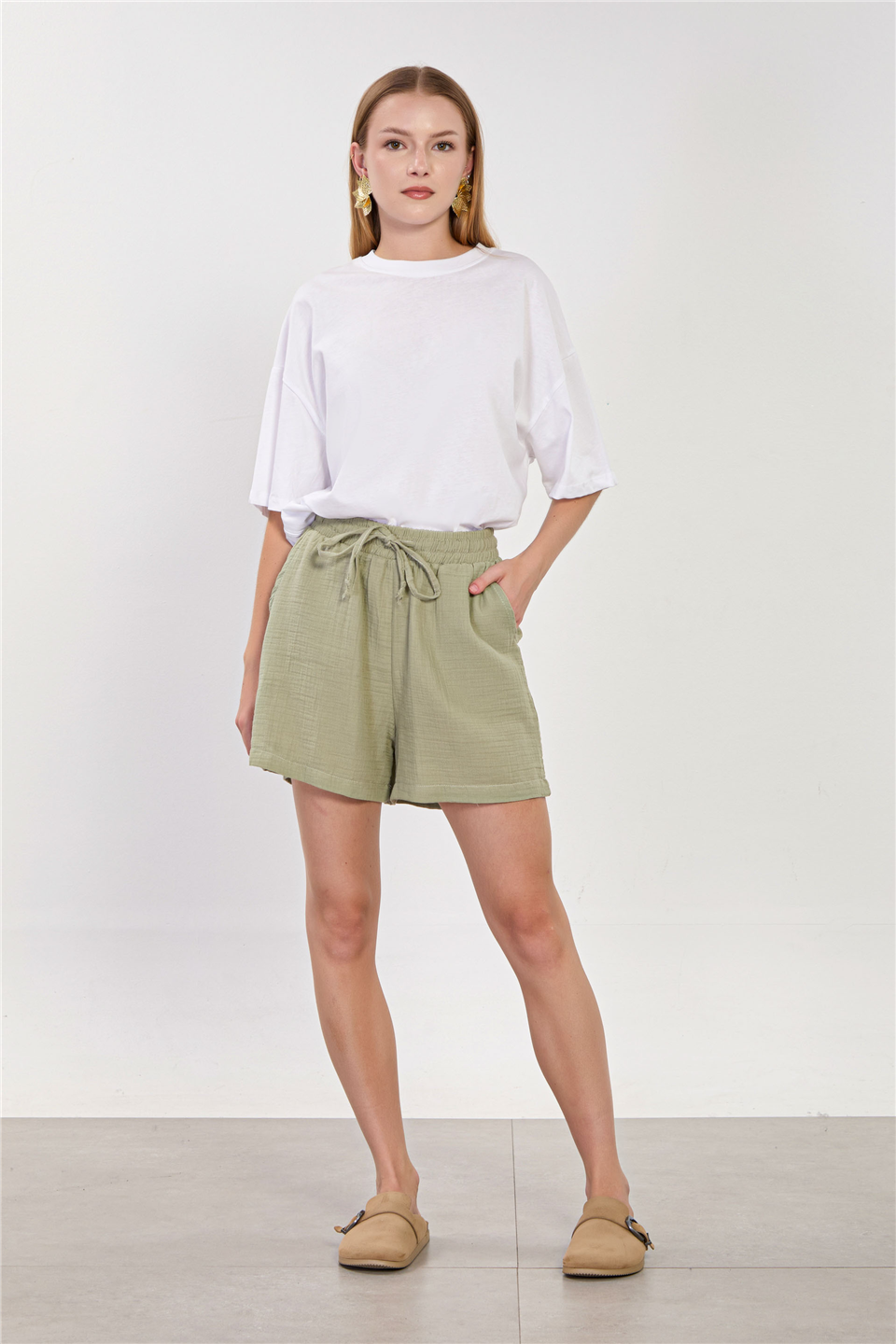 Kadın Beli Bağlamalı Pamuk Şort - Olive