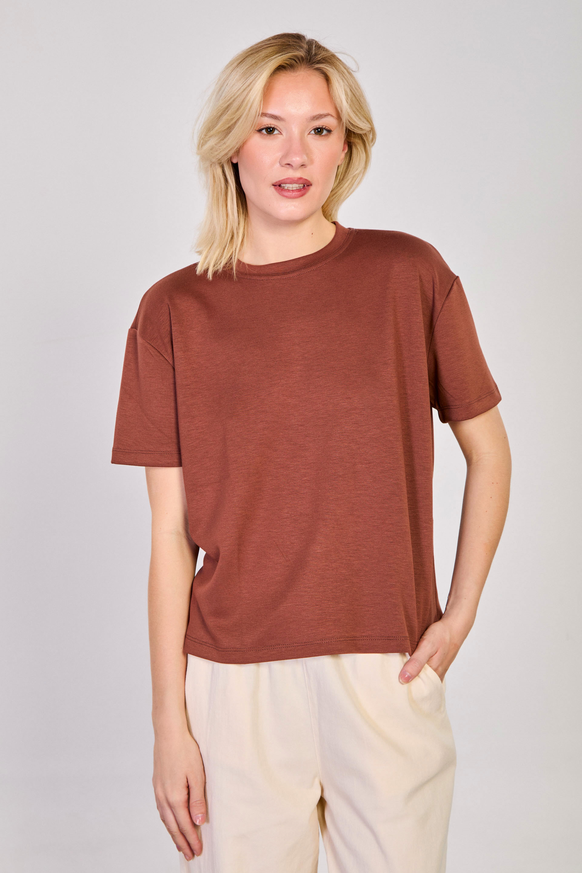 Kadın Kısa Kollu Modal T-Shirt - Koyu kahve