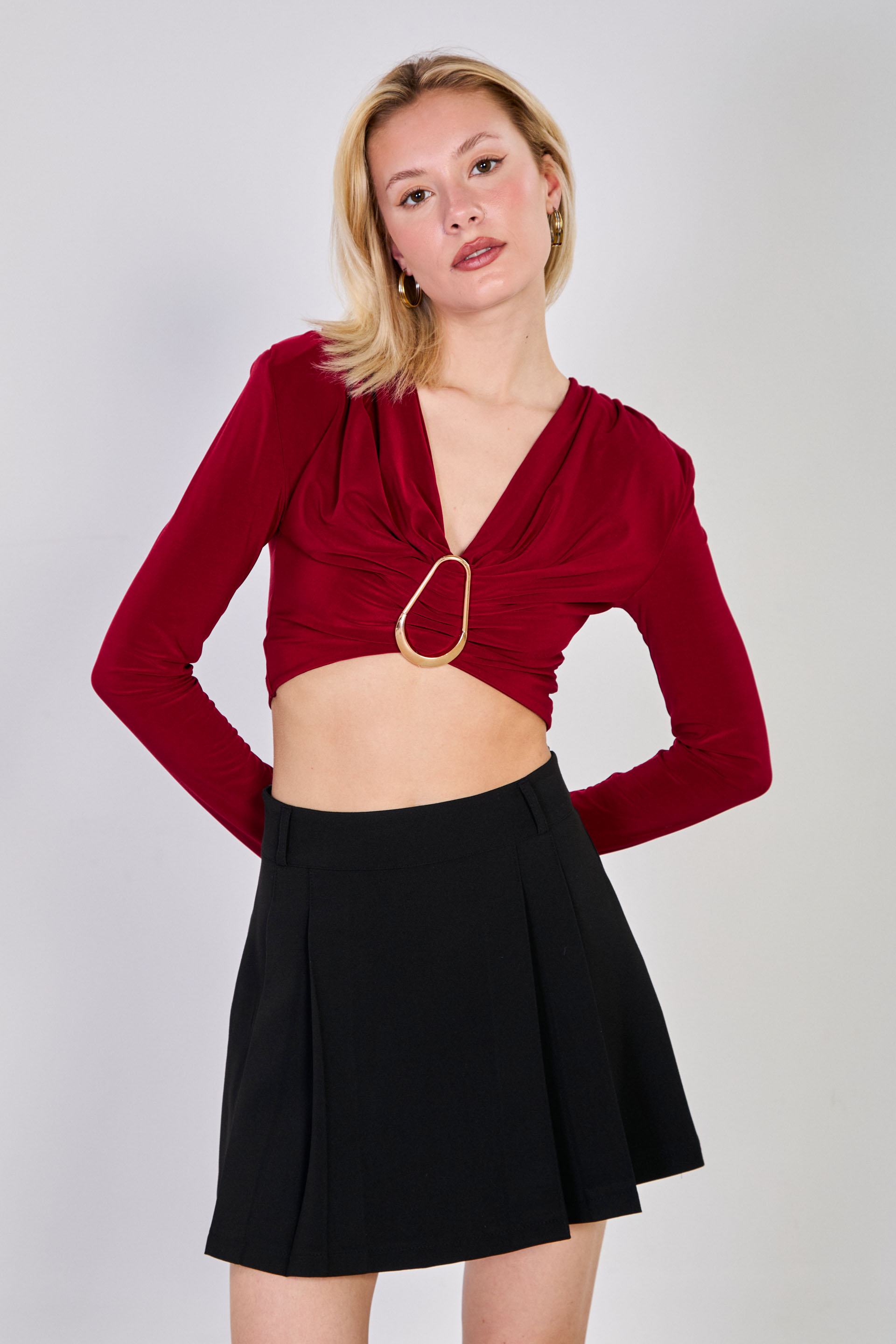 Kadın Vatkalı Derin V Yaka Uzun Kol Body - Bordo