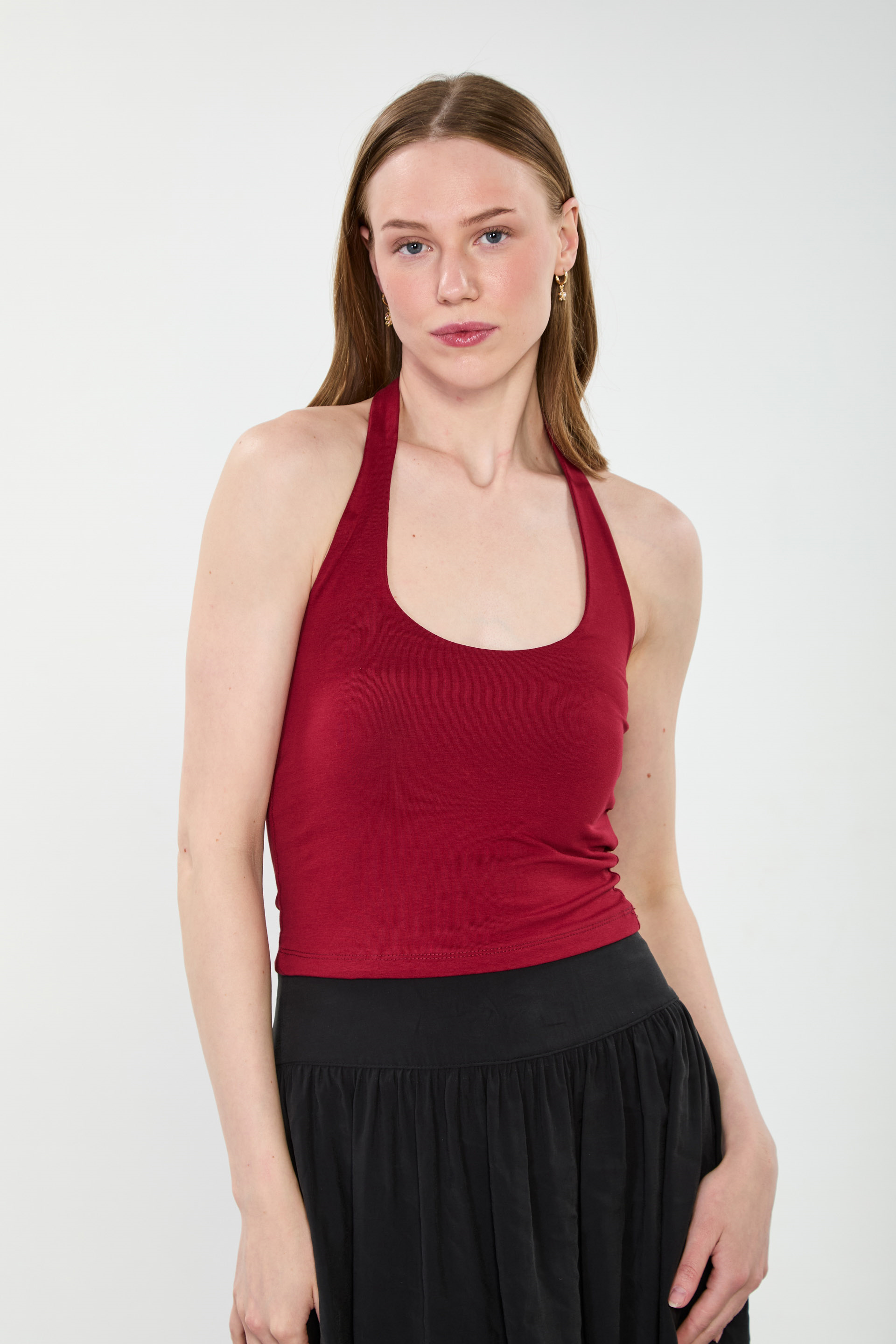 Kadın Göğüs Pedli Halter Yaka Crop Top - Bordo