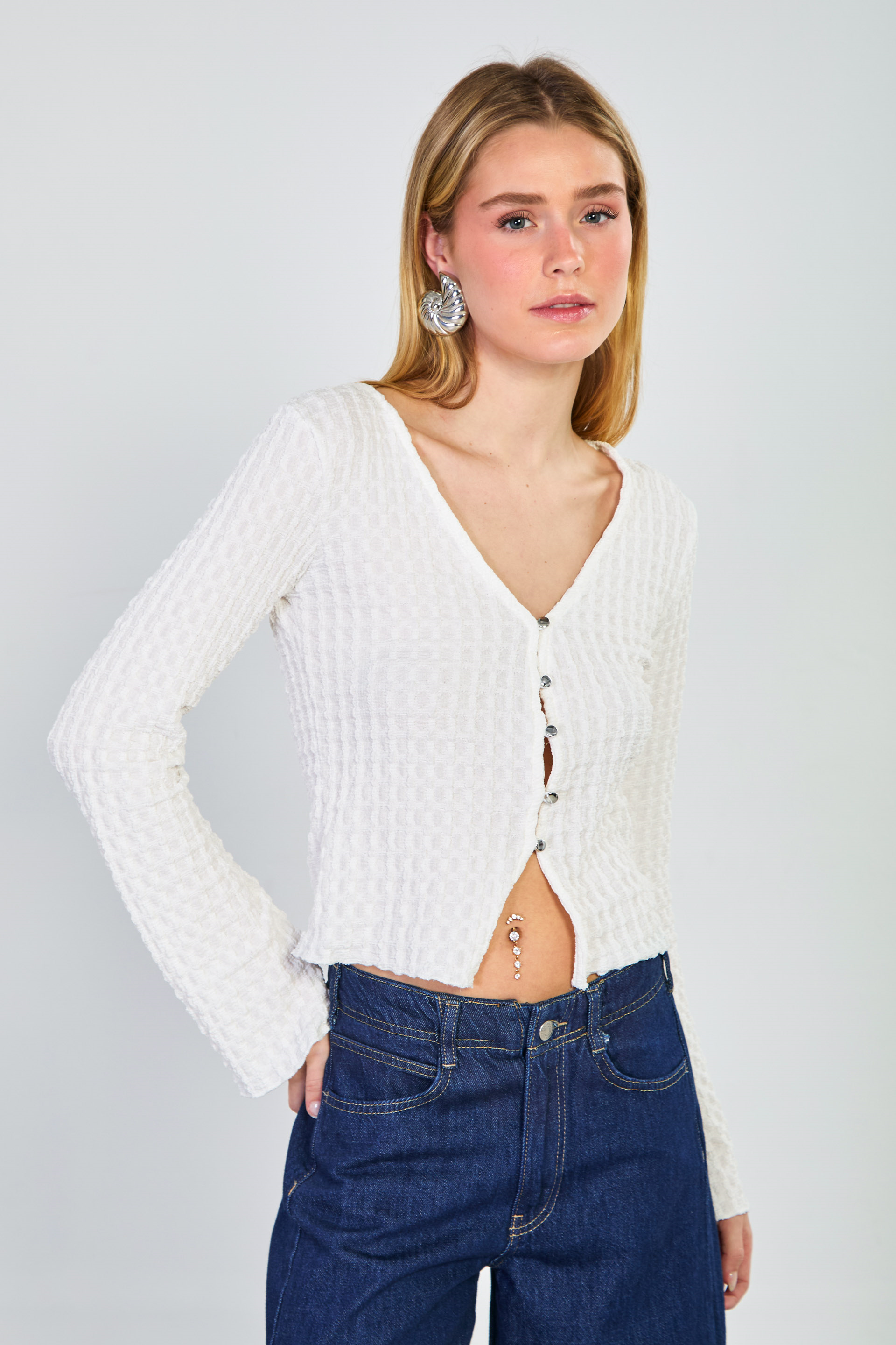 Kadın Önü Düğmeli İspanyol Kol Bluz - Ekru