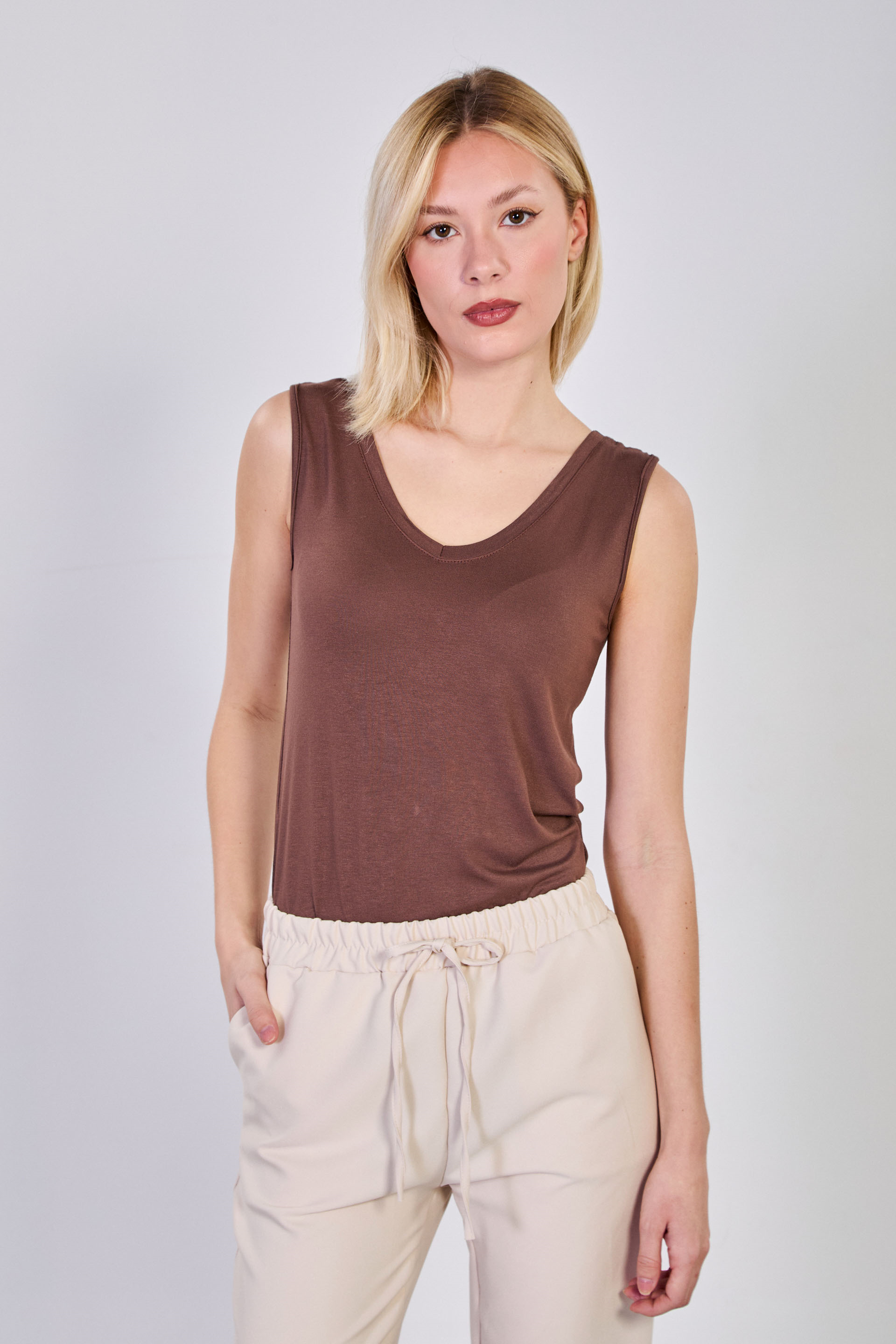 Kadın Ön Arka V Yaka Bluz - Kahve