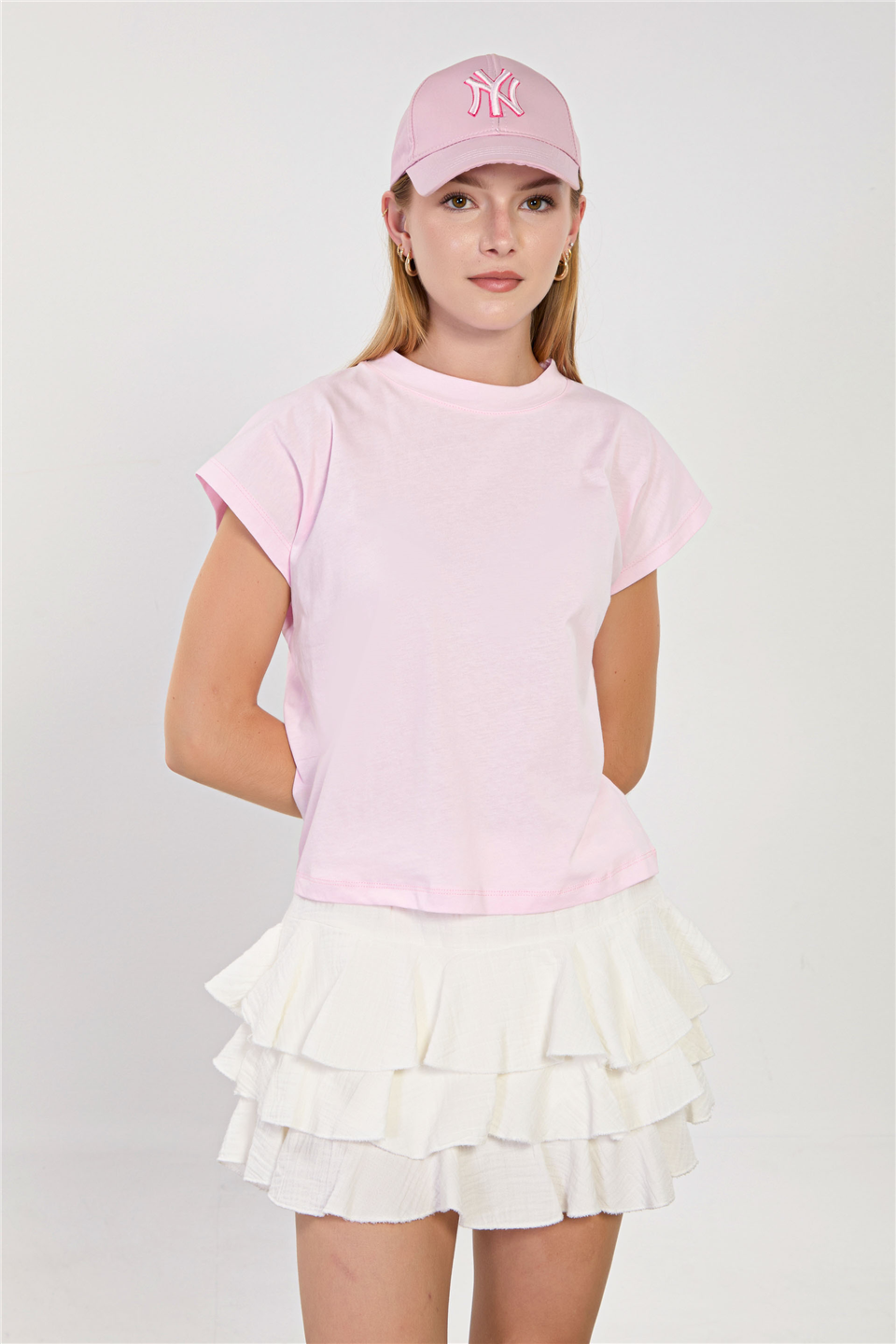 Kadın Düşük Kol Basic T-Shirt - Toz Pembe