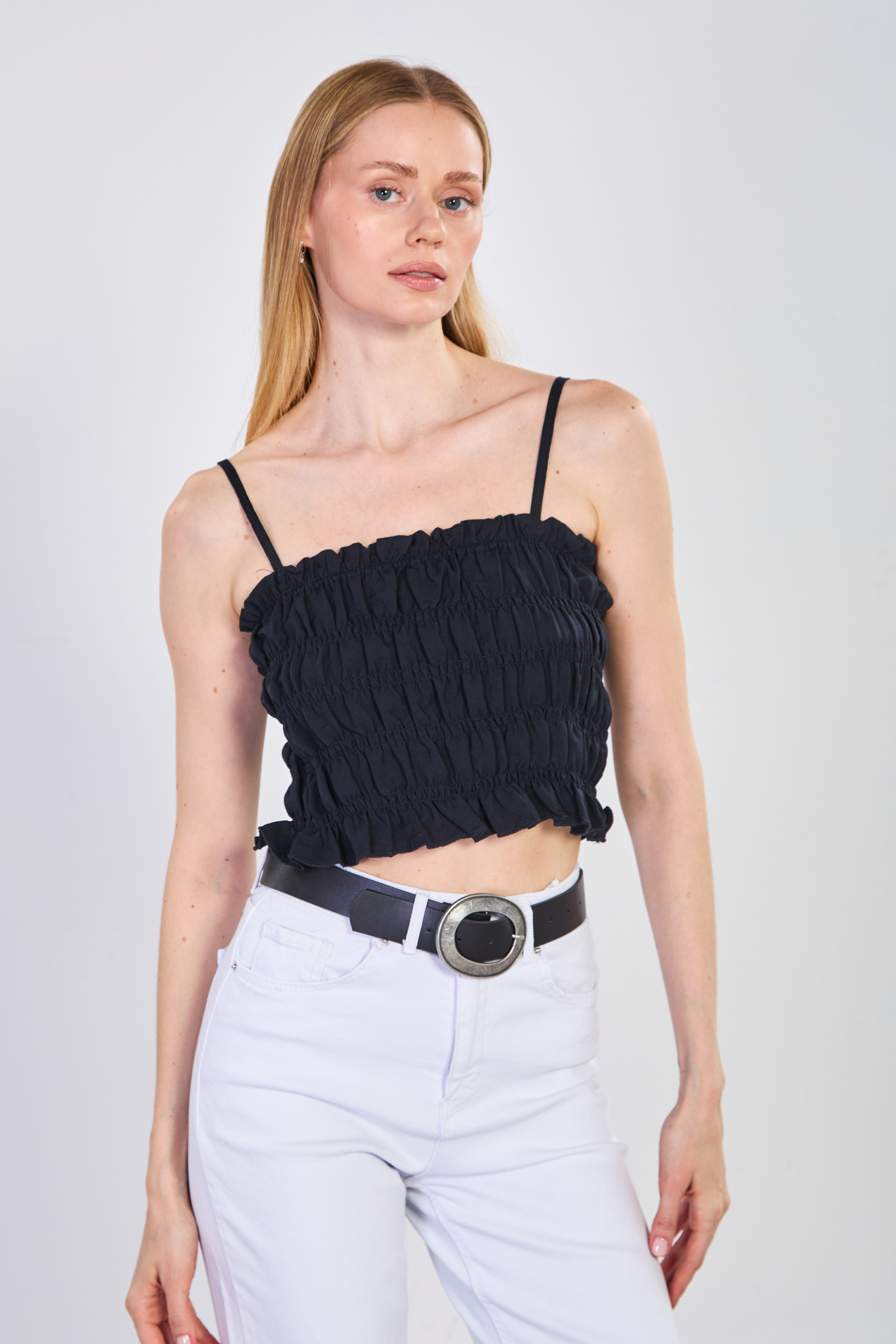 Kadın Gipeli Askılı Crop Bluz - Siyah