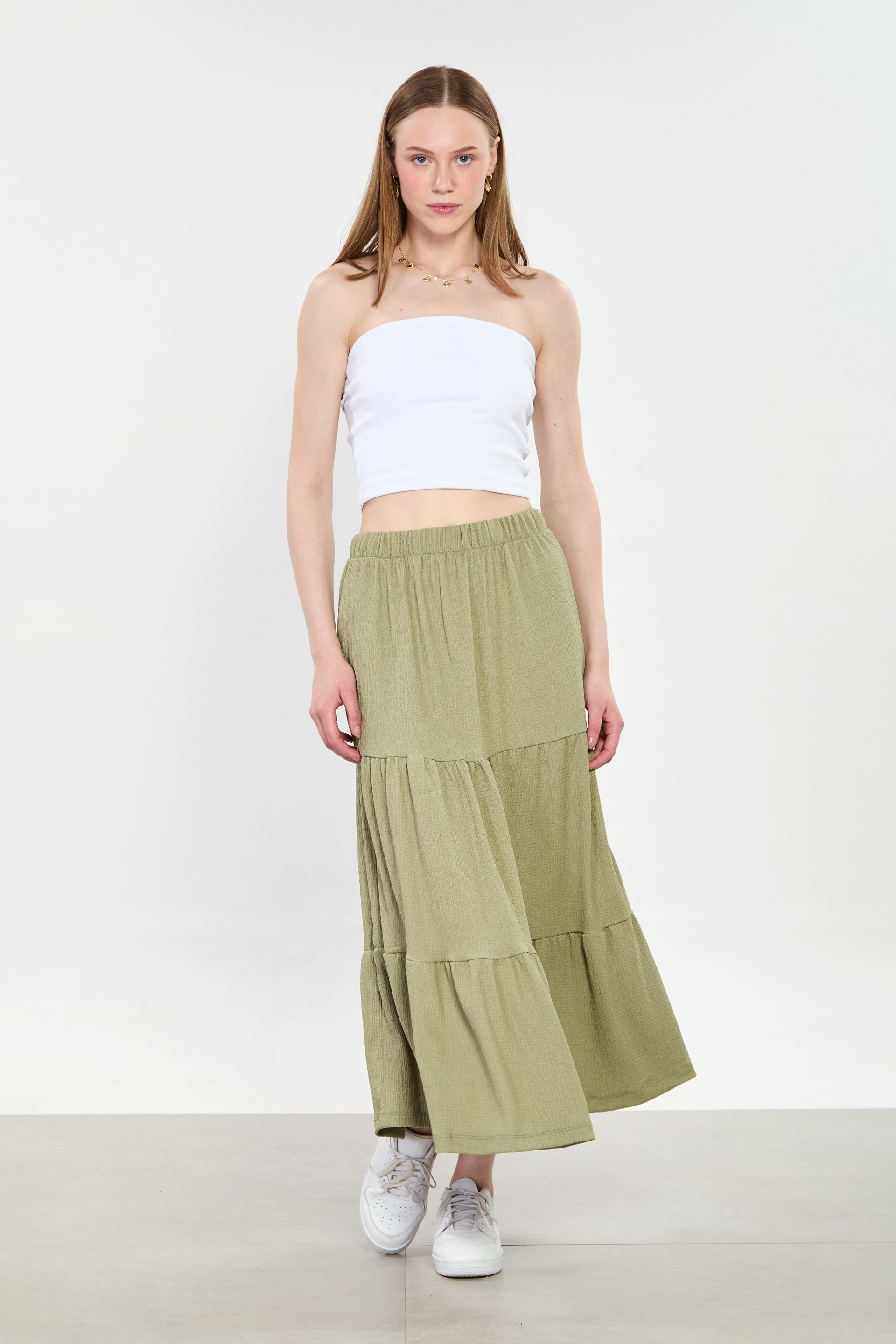 Kadın Parçalı Midi Etek - Olive