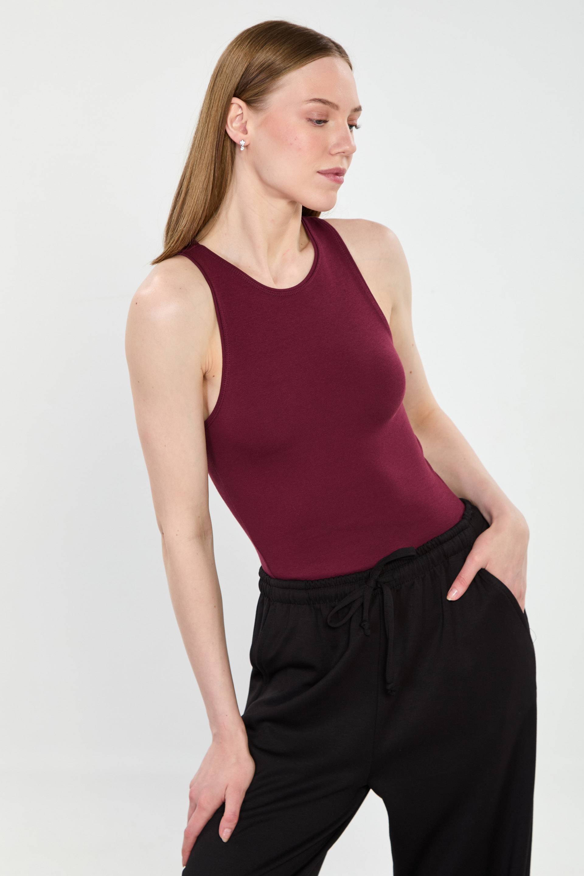 Kadın Bisiklet Yaka Body - Bordo