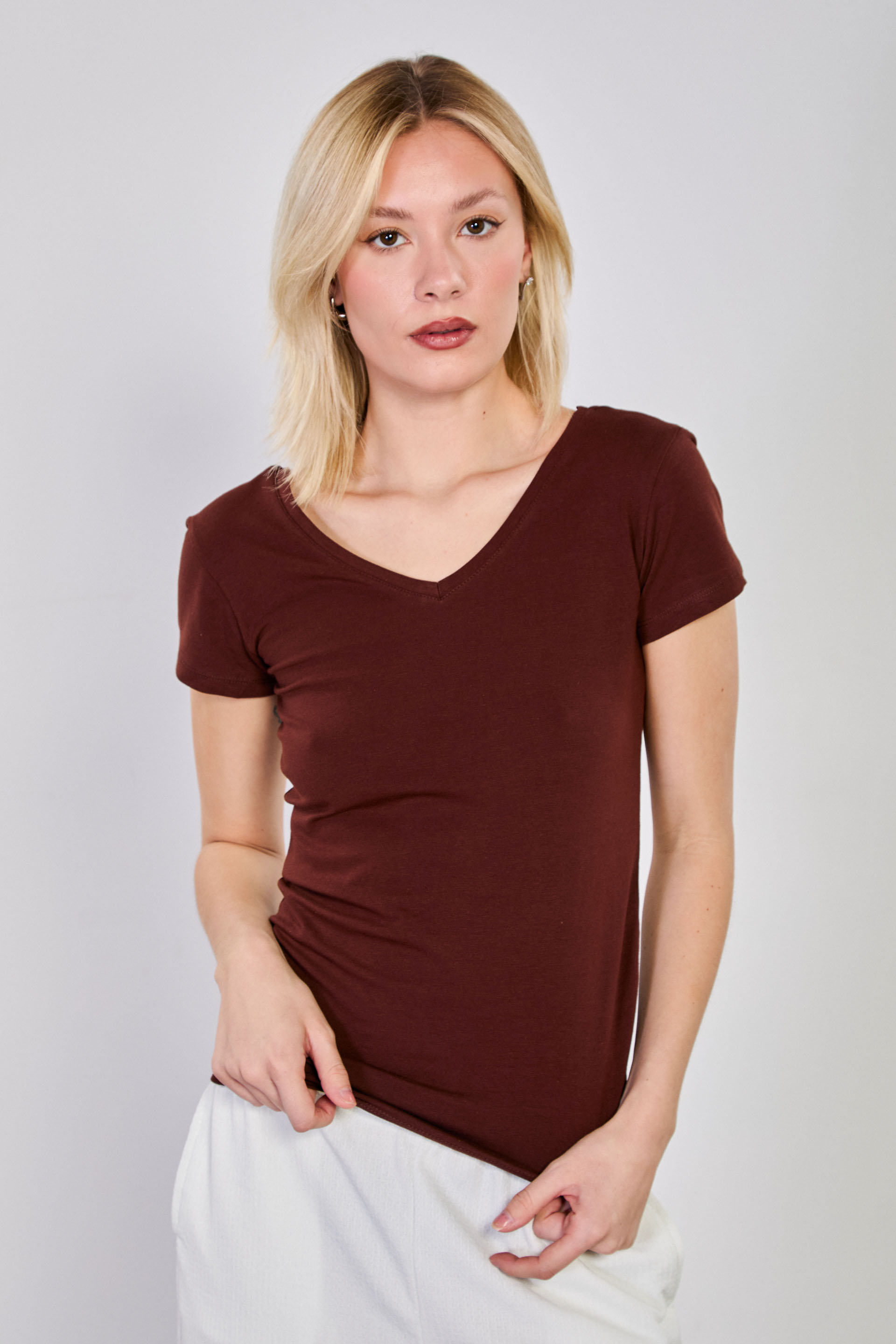 Kadın Ön Arka V Yaka Kısa Kol Body - Acı Kahve