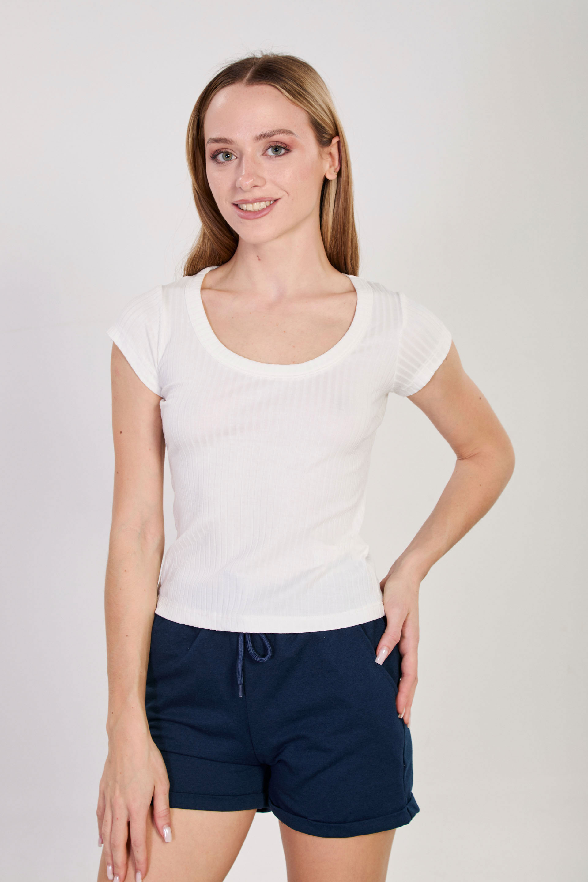 Kadın Geniş Yaka Kısa Kol Fitilli Body - Beyaz