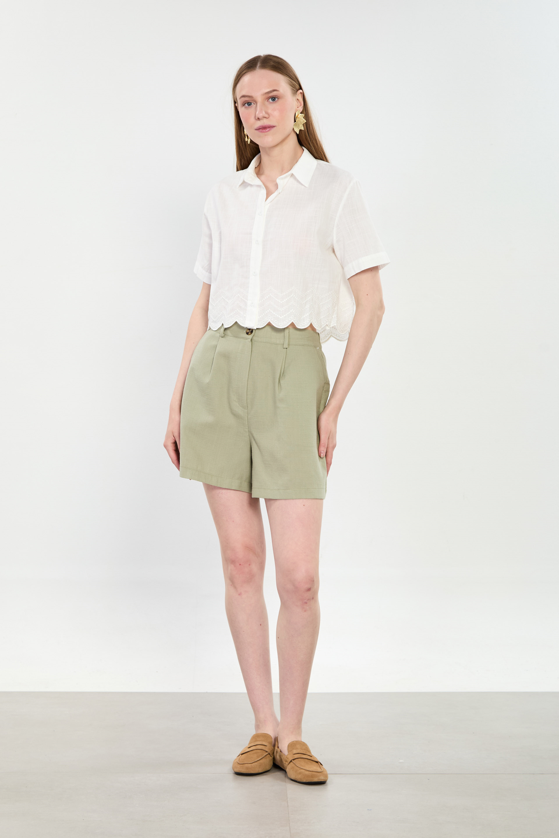 Kadın Keten Şort - Olive