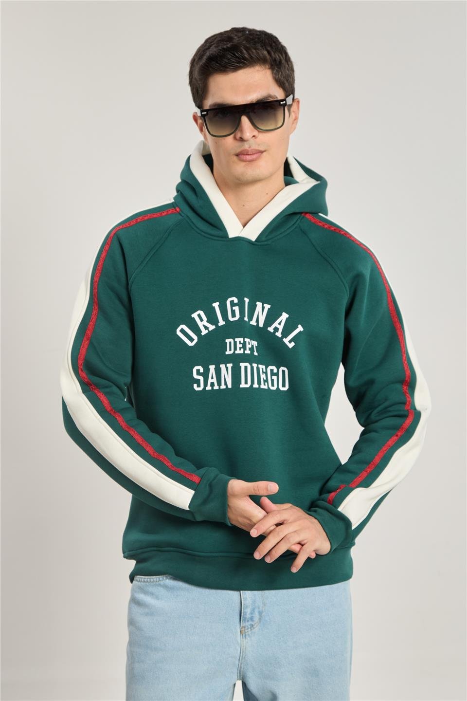 Erkek Biyeli Garnili Kapüşonlu Sweatshirt - Yeşil Ekru