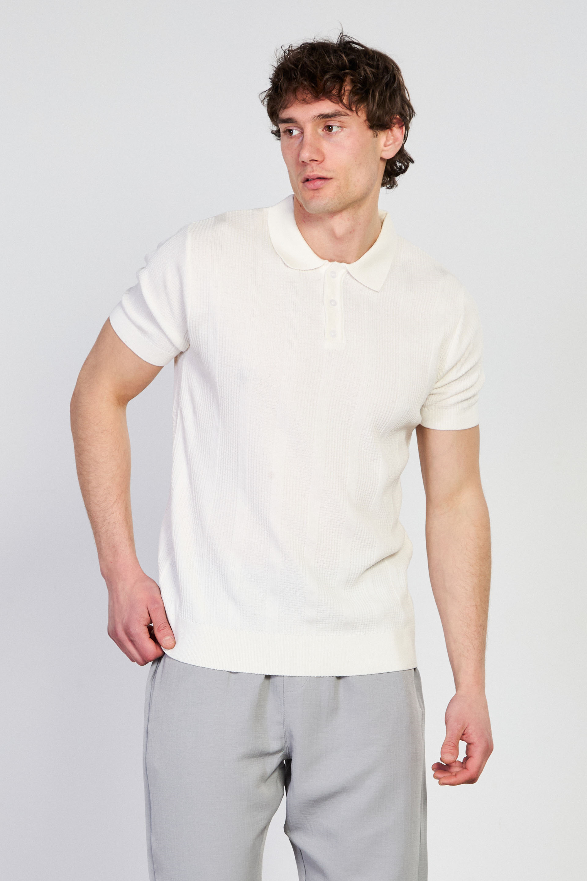 Erkek Dokulu Polo Yaka Düğmeli Triko T-Shirt - Ekru