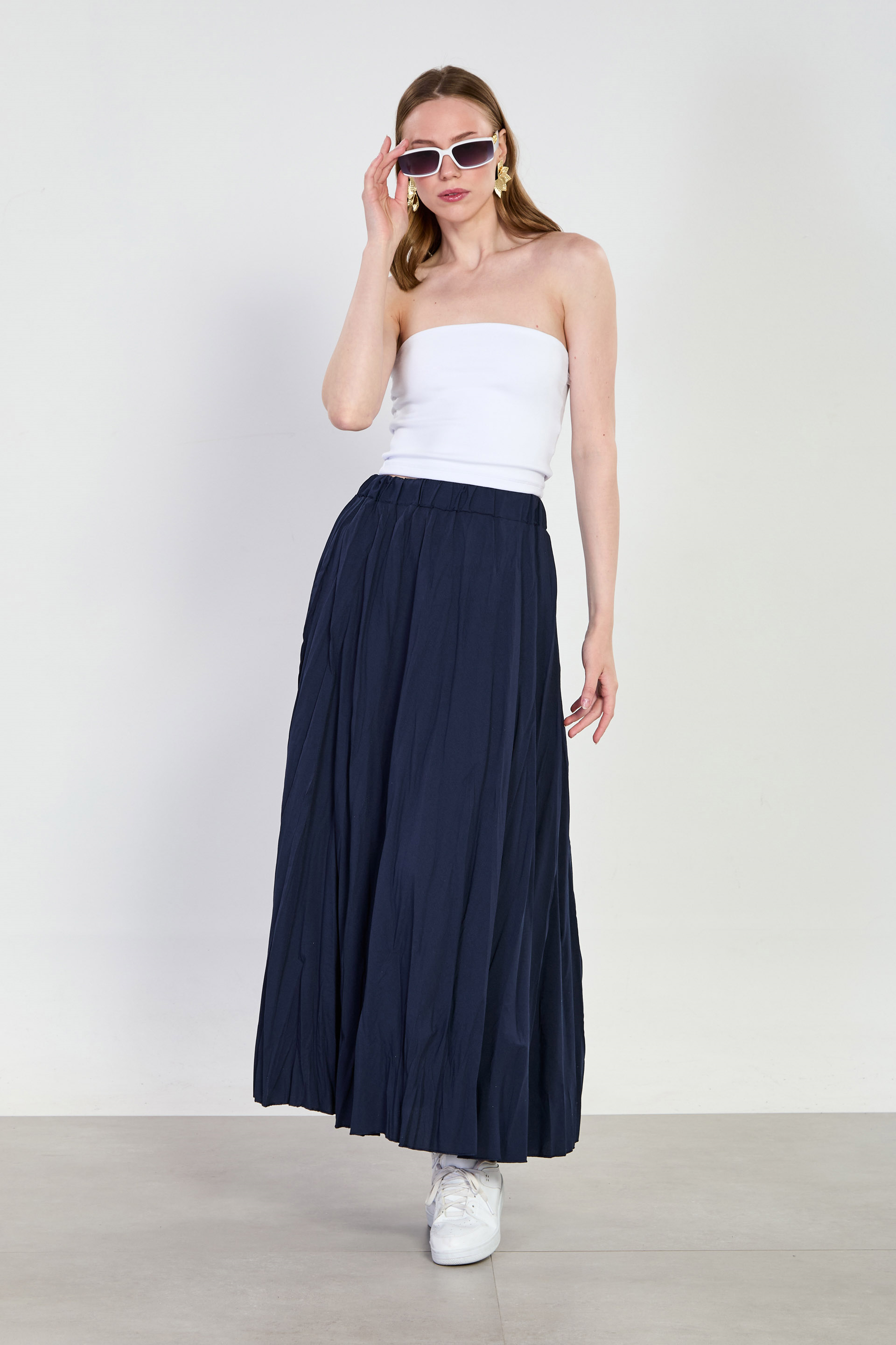 Kadın Beli Lastikli Kraşlı Uzun Etek - Koyu Lacivert