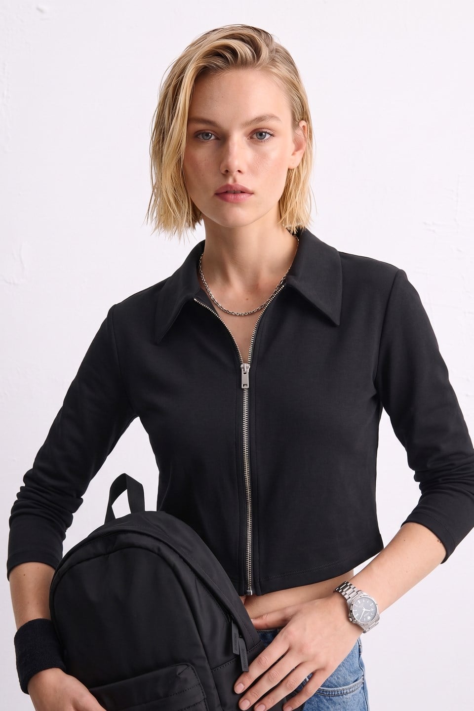 Kadın Polo Yaka Fermuarlı Sweatshirt - Siyah