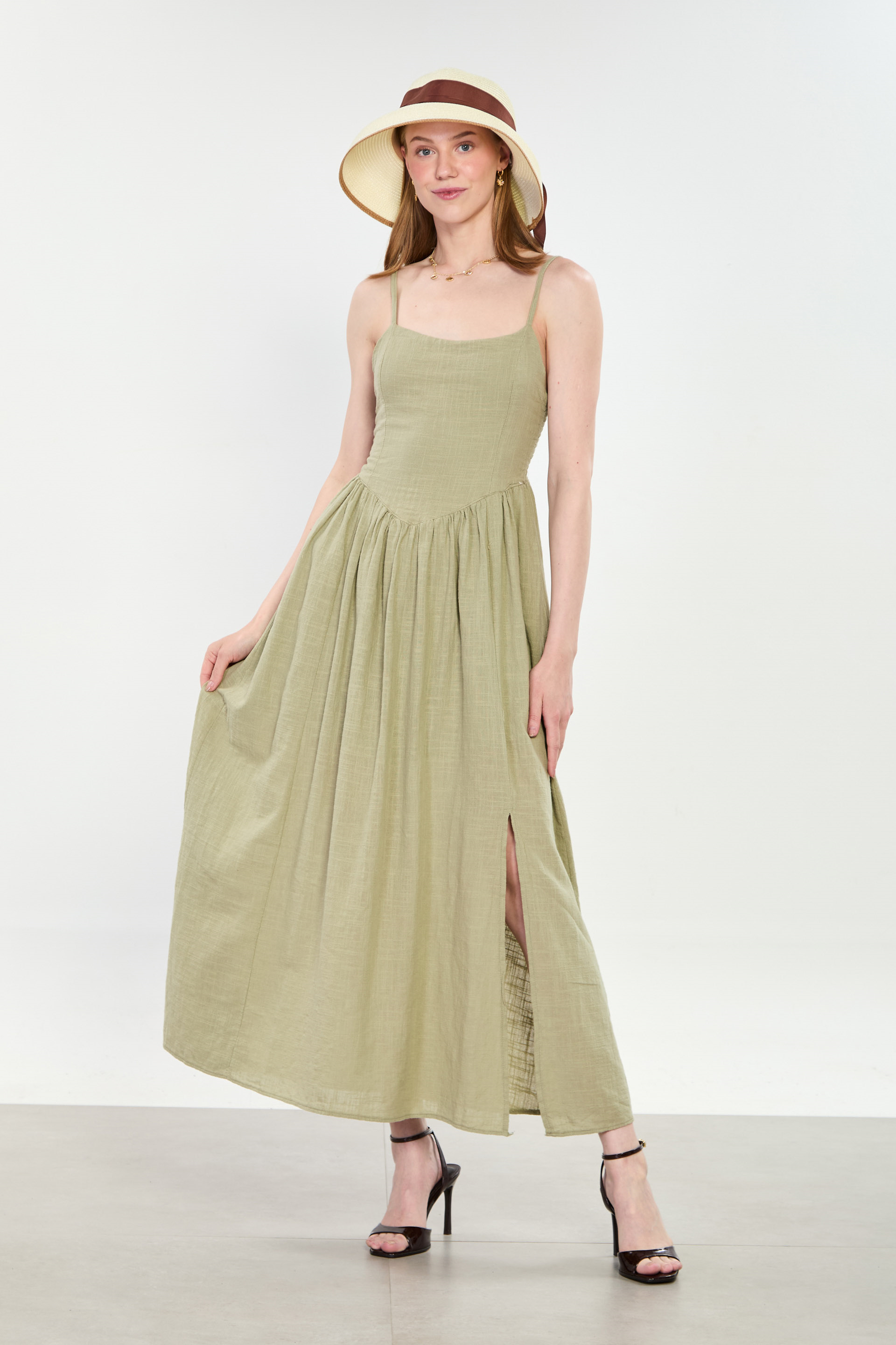 Kadın İp Askılı Pileli Uzun Elbise - Olive