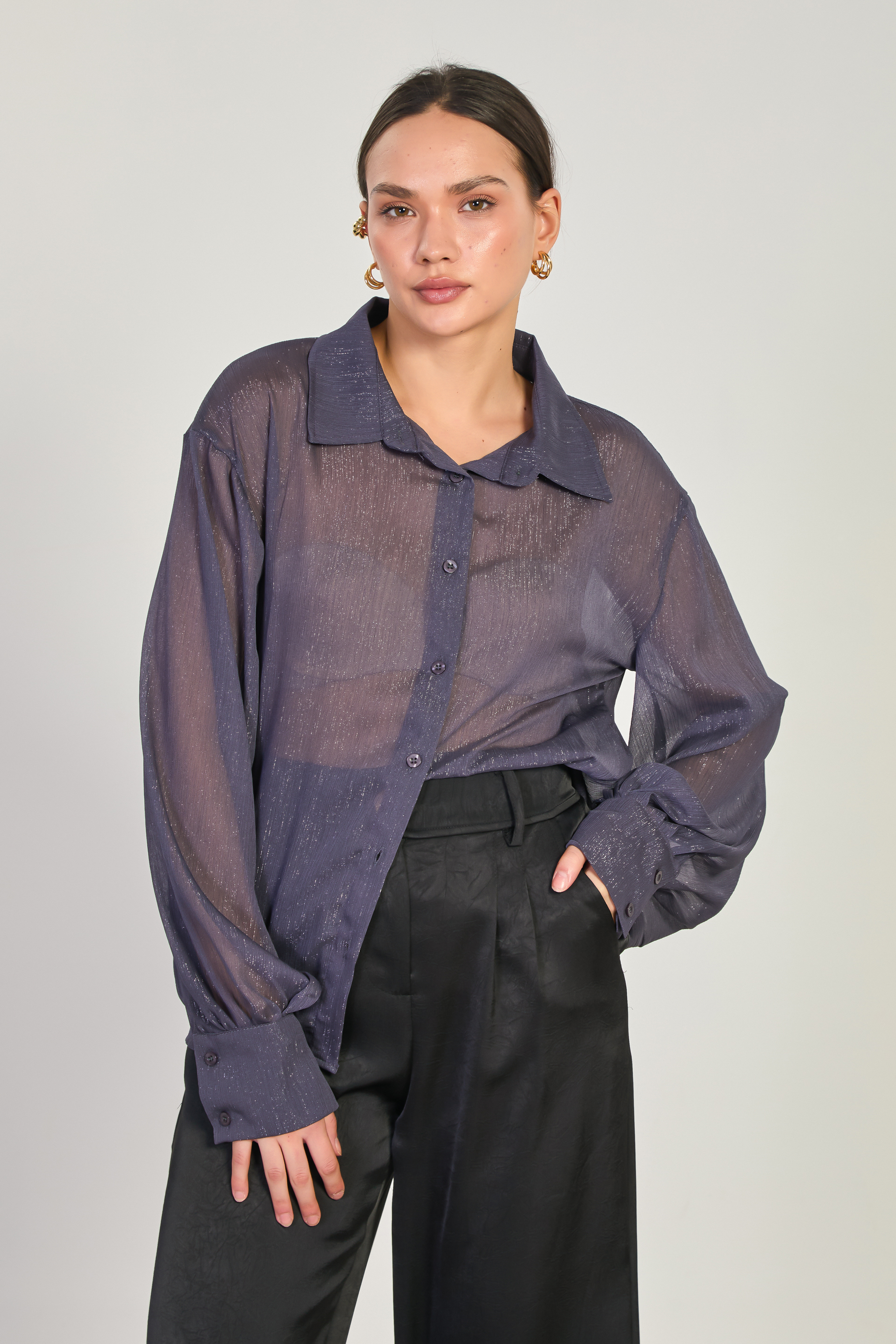 Kadın Simli Balon Kol Gömlek - Lacivert