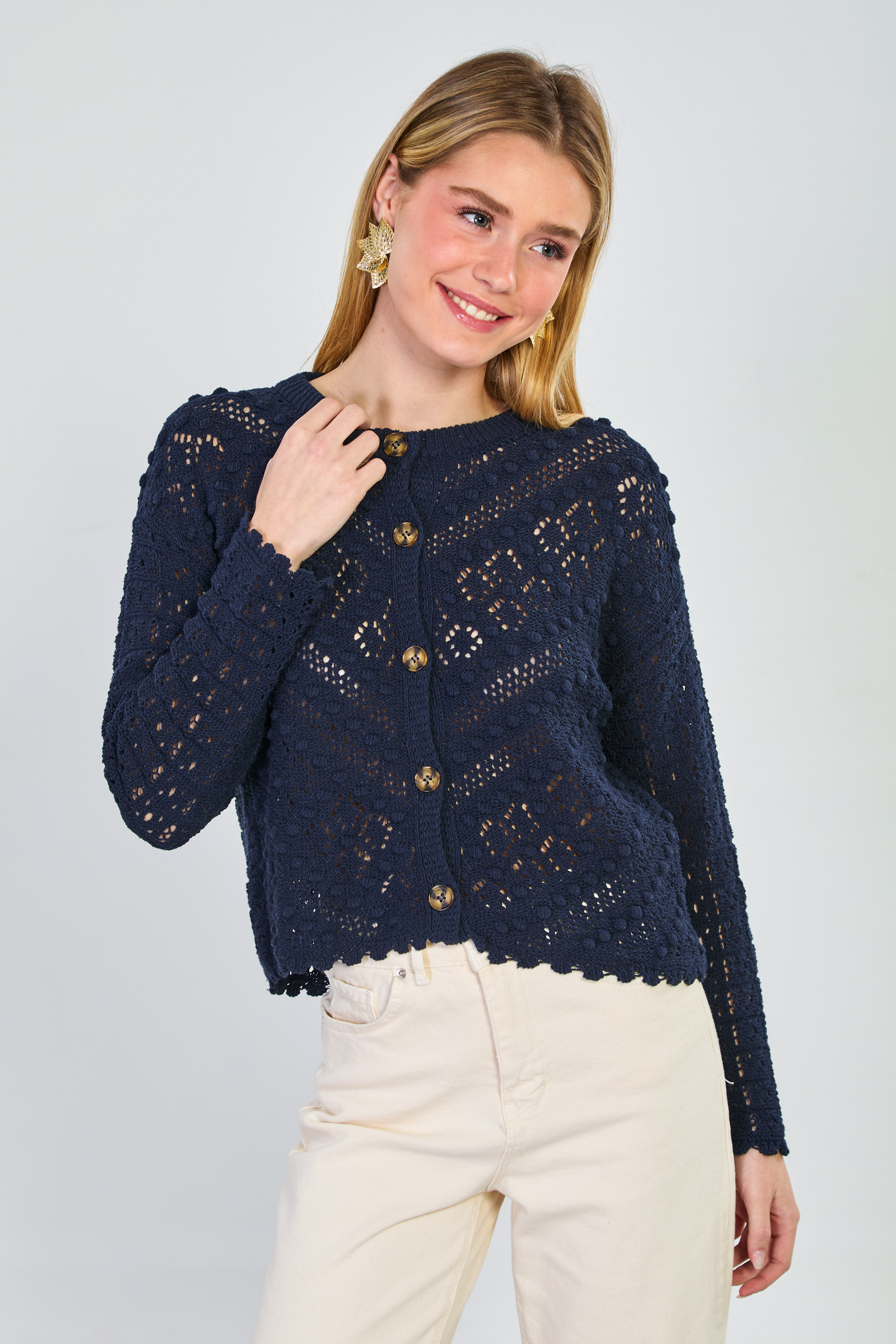 Kadın Ponponlu Düğmeli Ajurlu Hırka - Lacivert