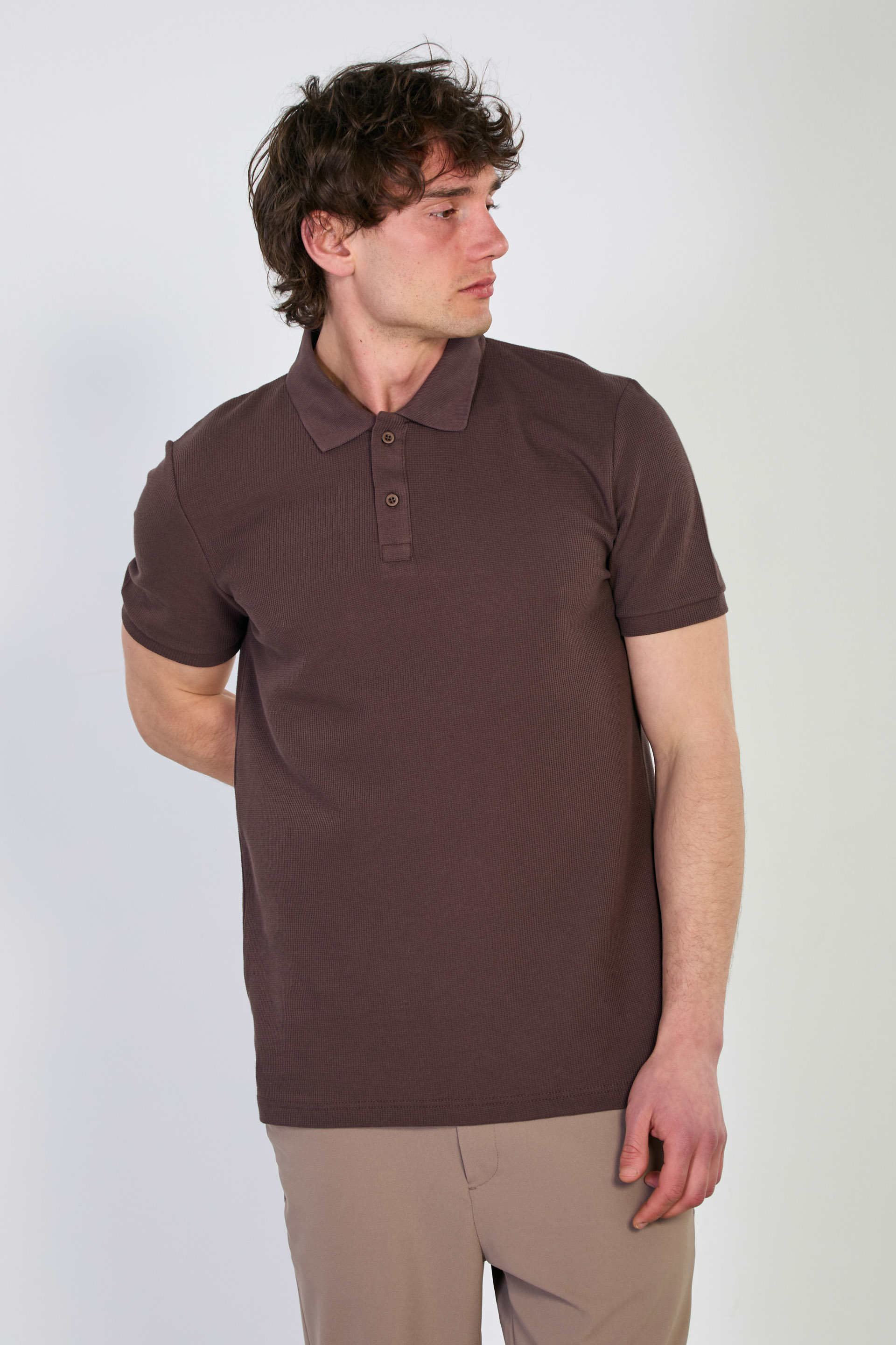Erkek Waffle Polo Yaka T-Shirt - Kahve