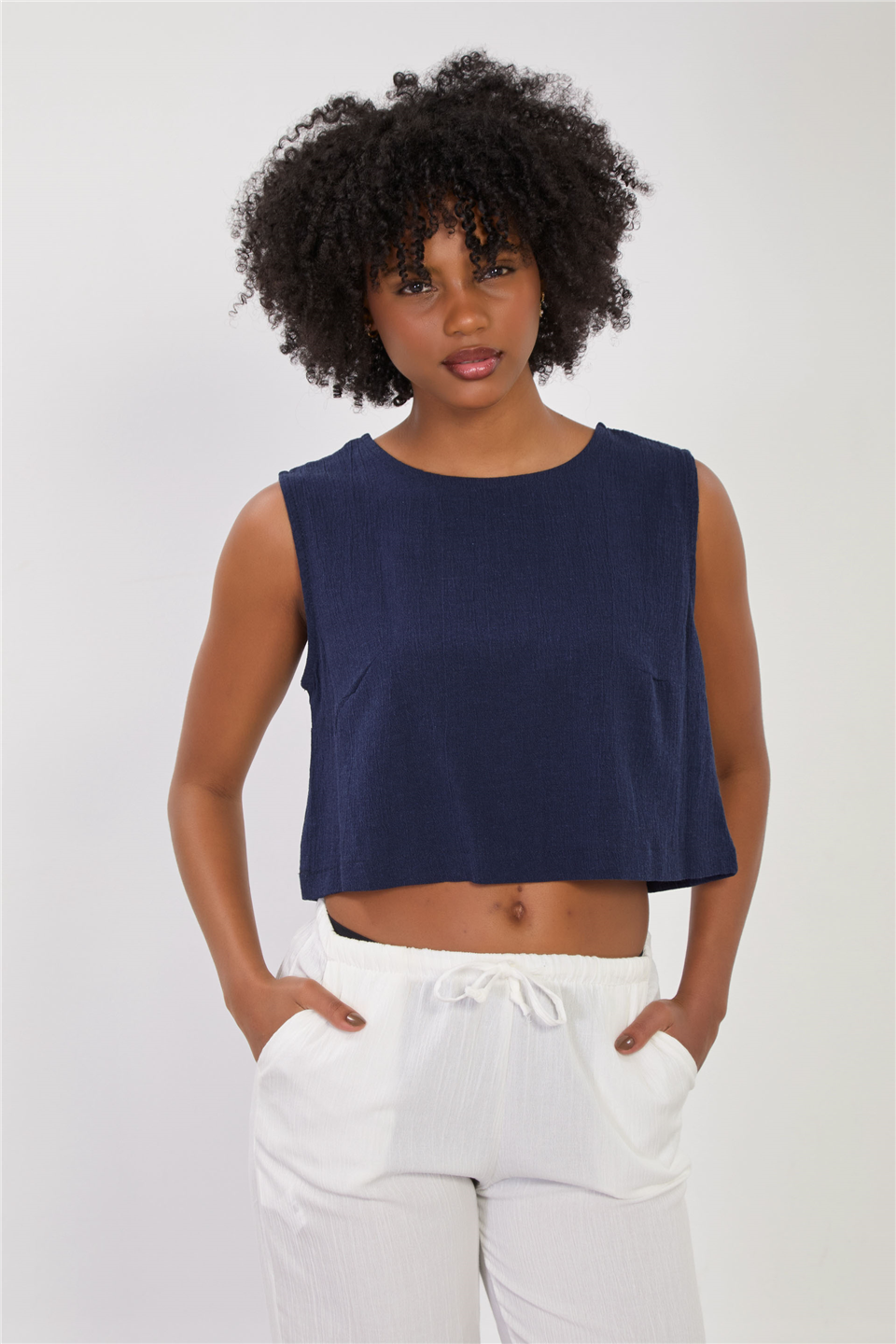 Kadın Dokulu Sıfır Kol Crop Bluz - Lacivert
