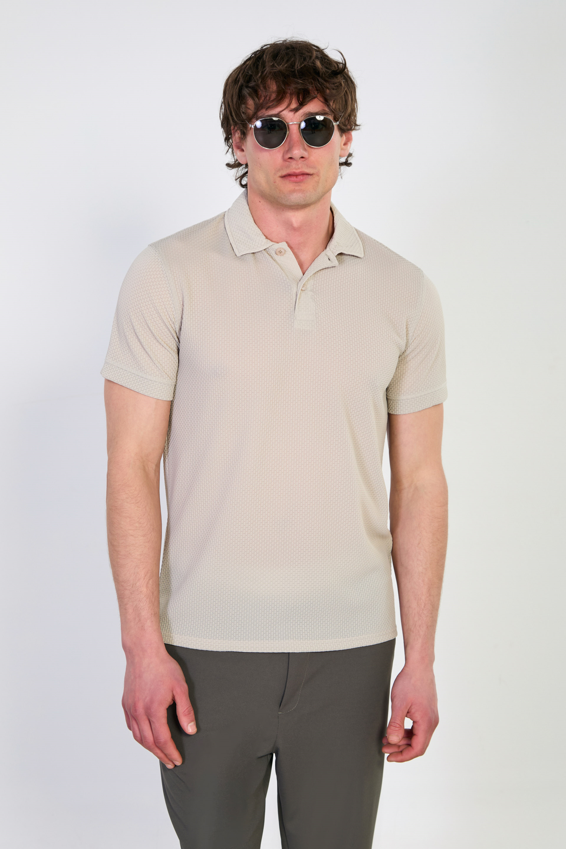 Erkek Polo Yaka Kısa Kollu Düğmeli T-Shirt - Taş