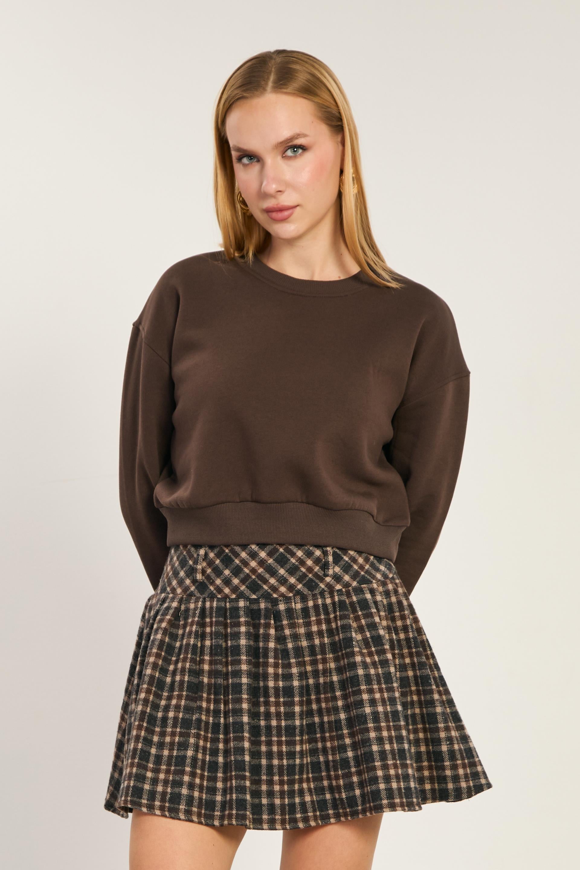 Kadın Bisiklet Yaka Crop Sweatshirt - Kahve