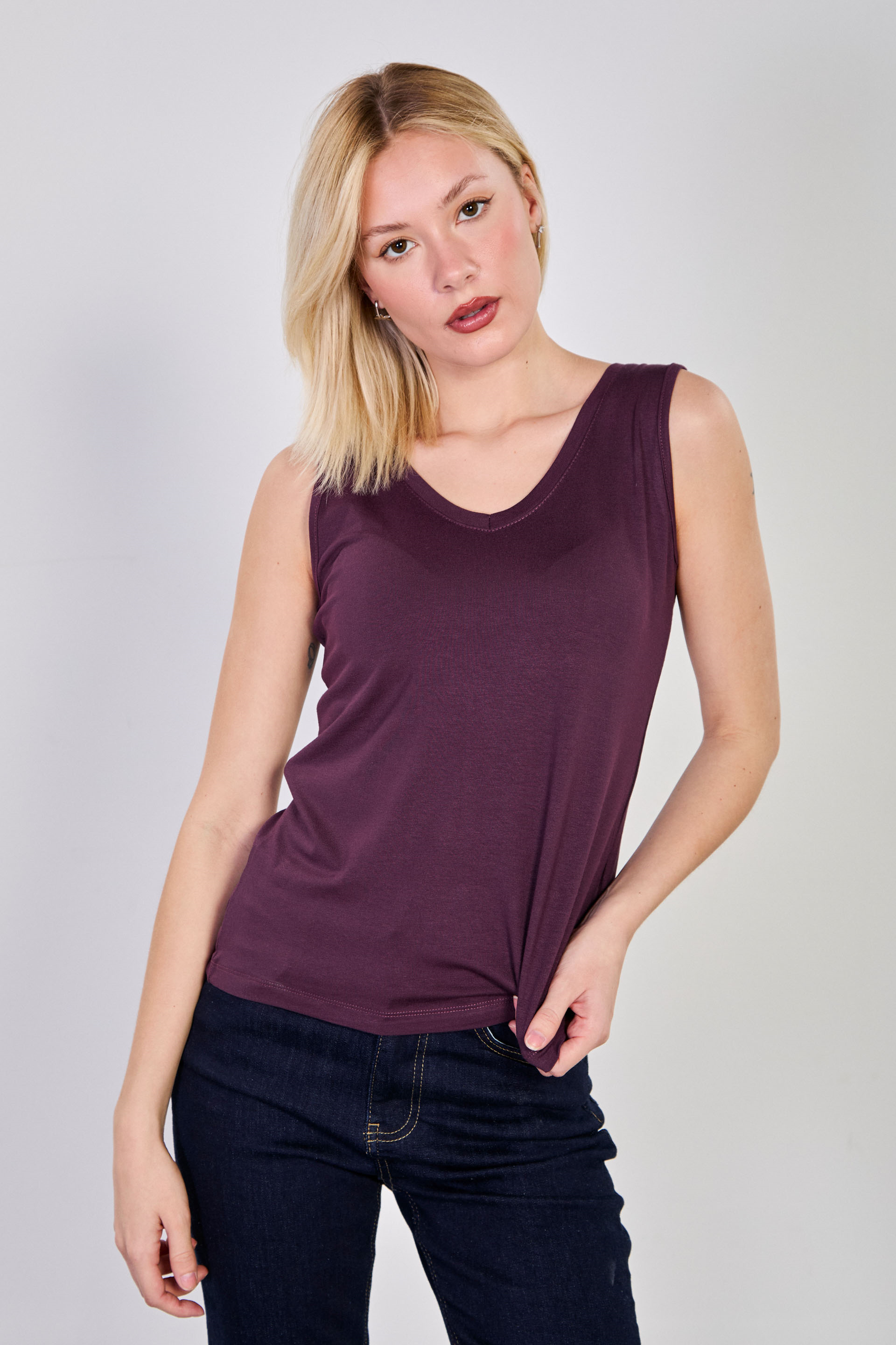 Kadın Ön Arka V Yaka Bluz - Mürdüm