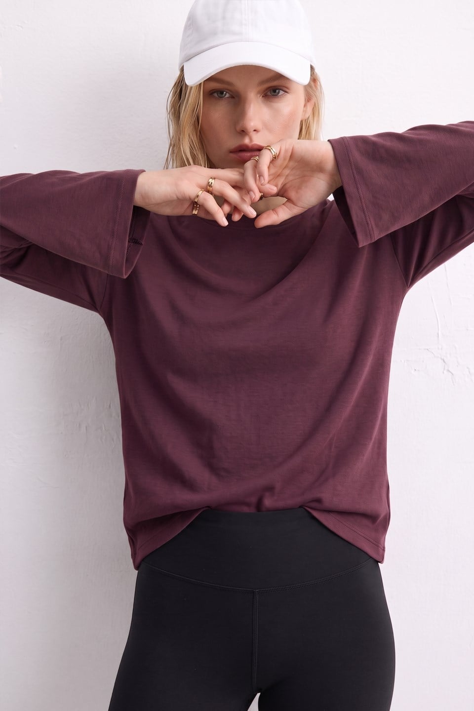 Kadın Bisiklet Yaka Uzun Kol T-Shirt - Mürdüm