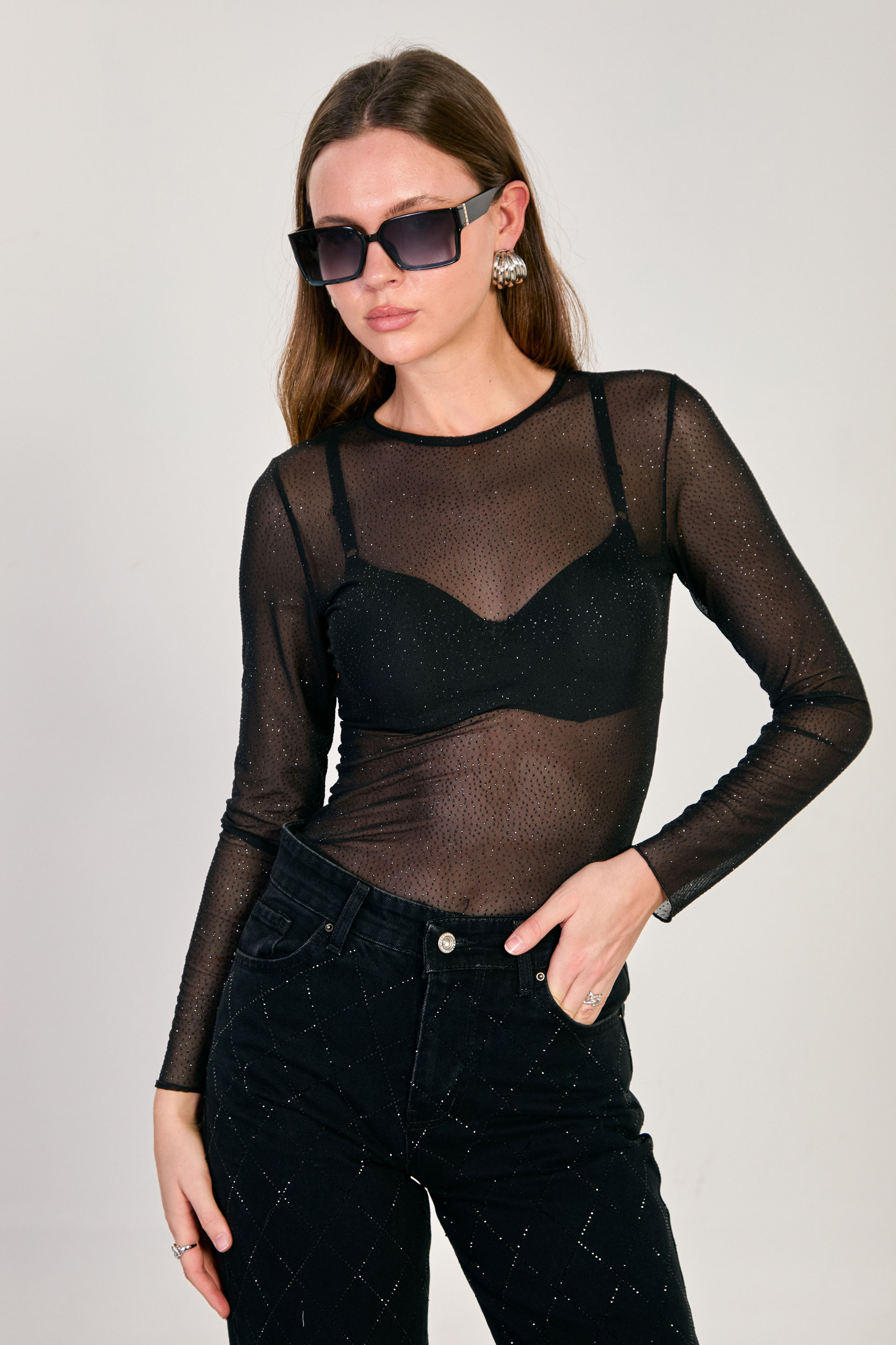 Kadın Simli Uzun Kollu Transparan Body - Siyah