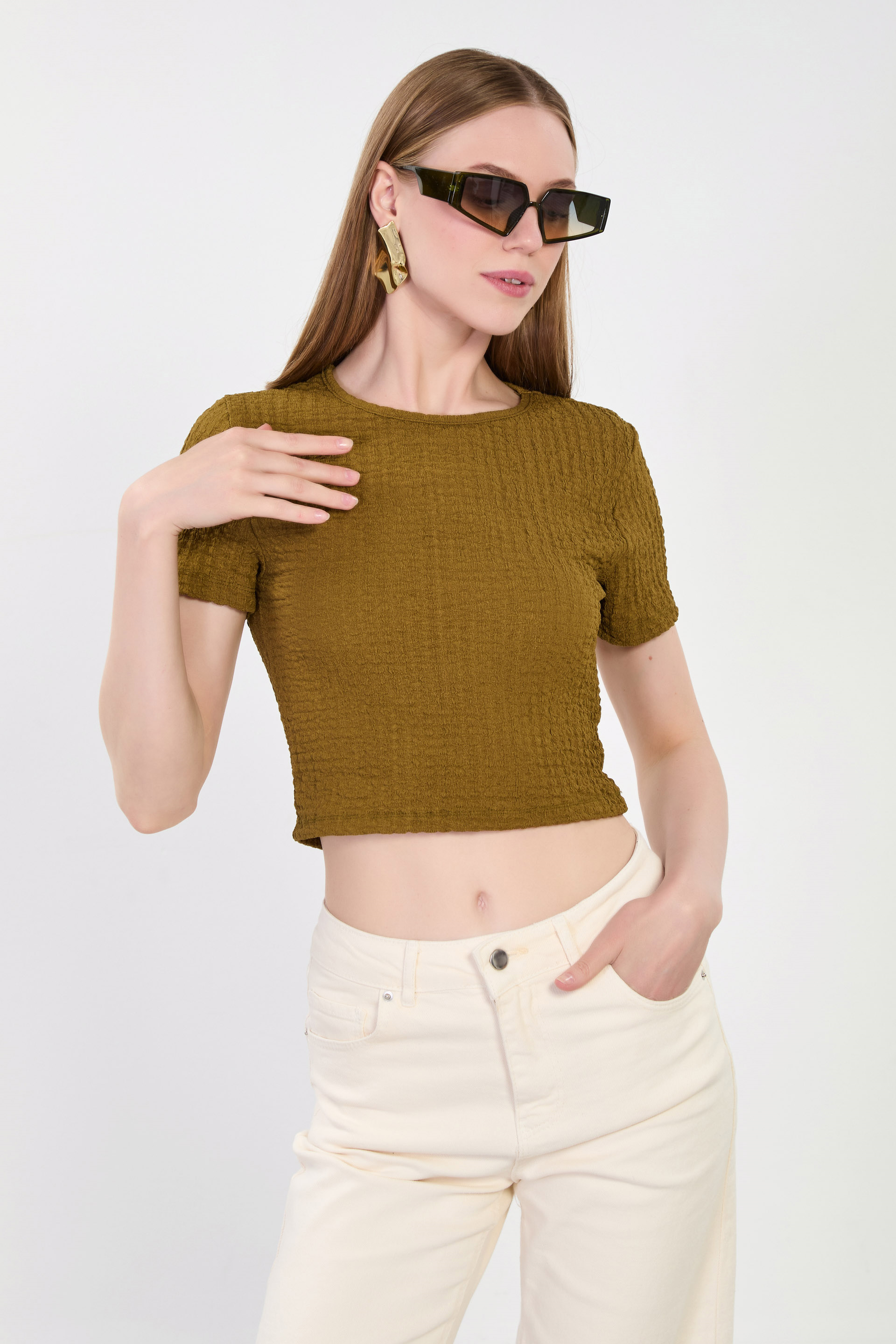 Kadın Kısa Kollu Bubble T-Shirt - Yağ Yeşili