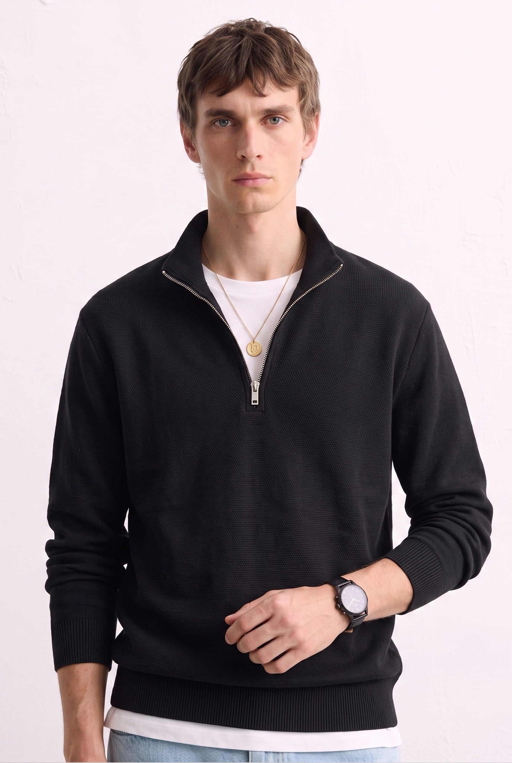 Erkek Yarım Fermuarlı Dik Yaka Sweatshirt - Siyah