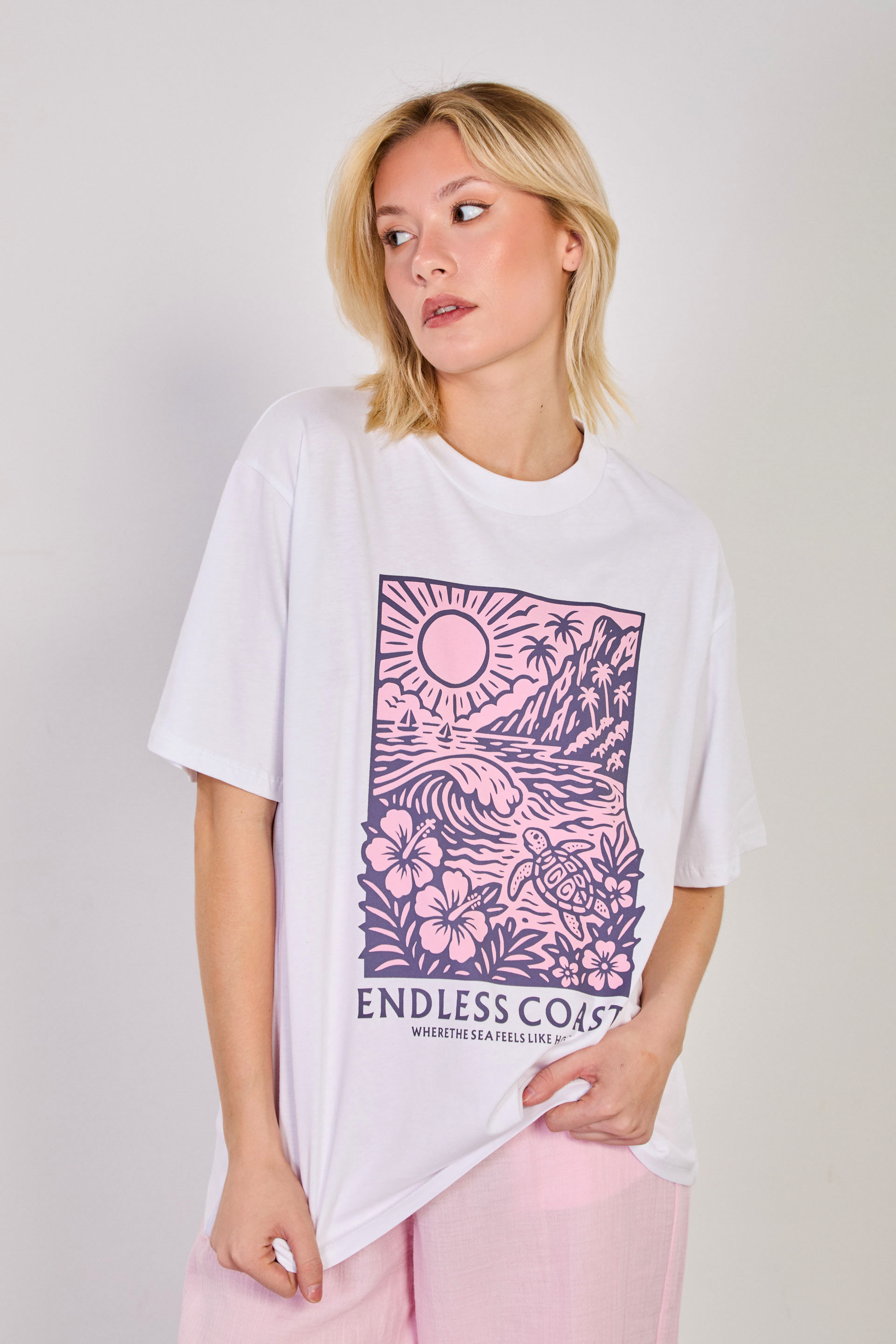 Kadın Endless Coast Baskılı Oversize T-Shirt - Beyaz
