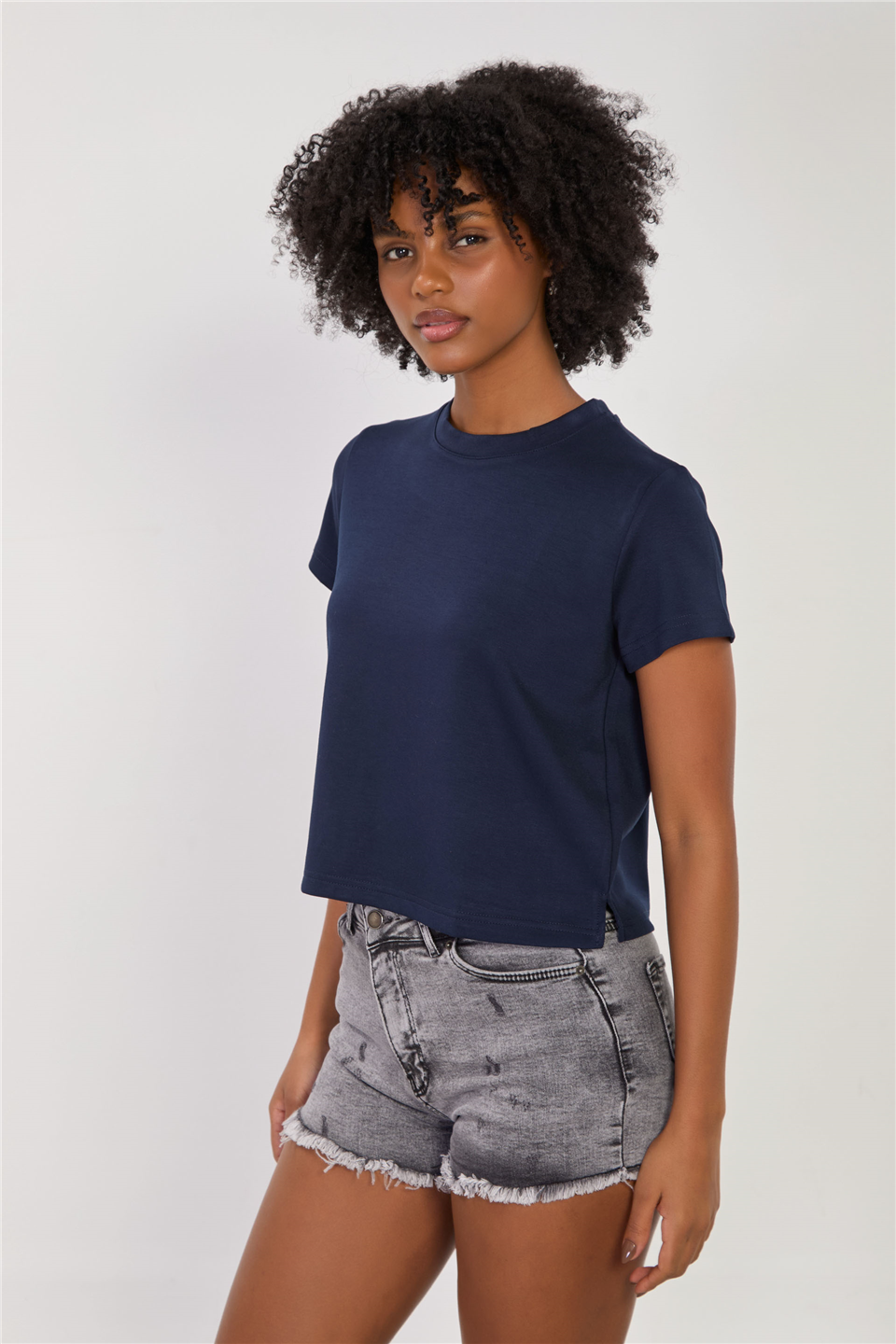 Kadın Bisiklet Yaka Yanı Yırtmaçlı T-Shirt - Lacivert