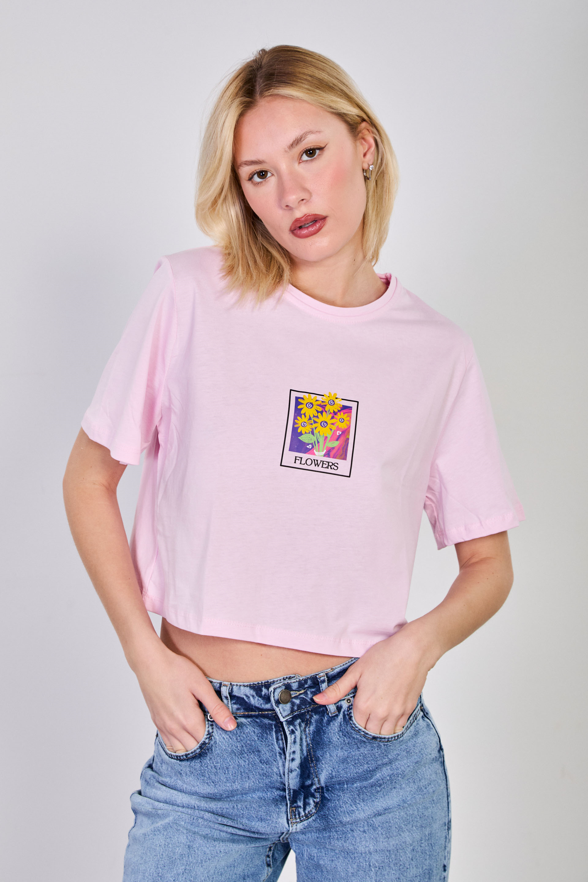 Kadın Flowers Baskılı Crop T-Shirt - Pembe