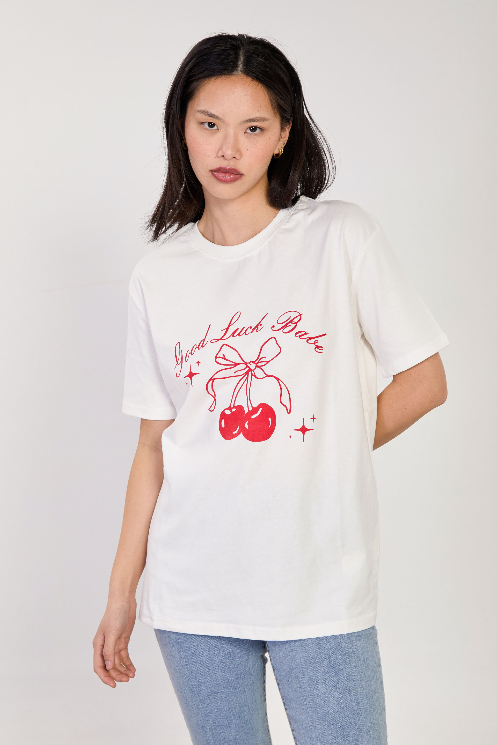 Kadın Kiraz Baskılı T-Shirt - Ekru