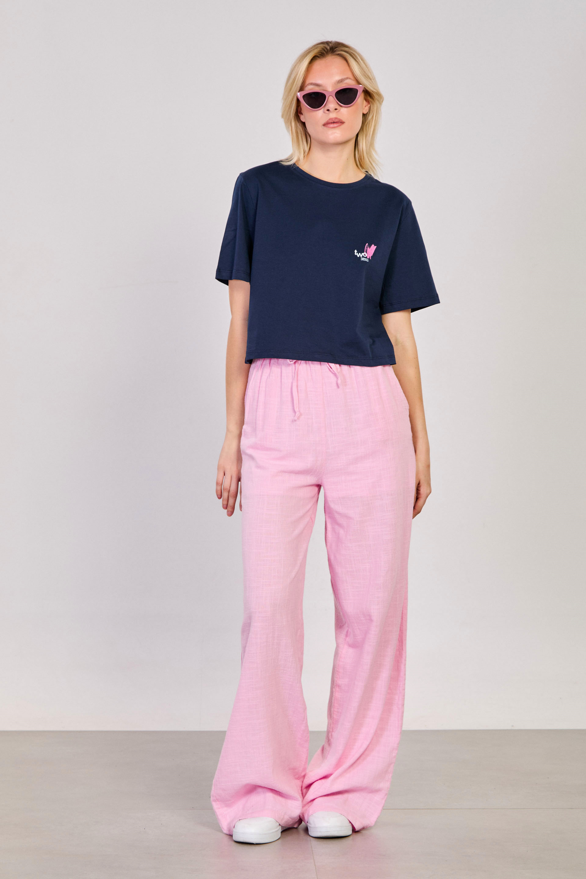 Kadın Beli Bağlamalı Keten Bol Pantolon - Pembe