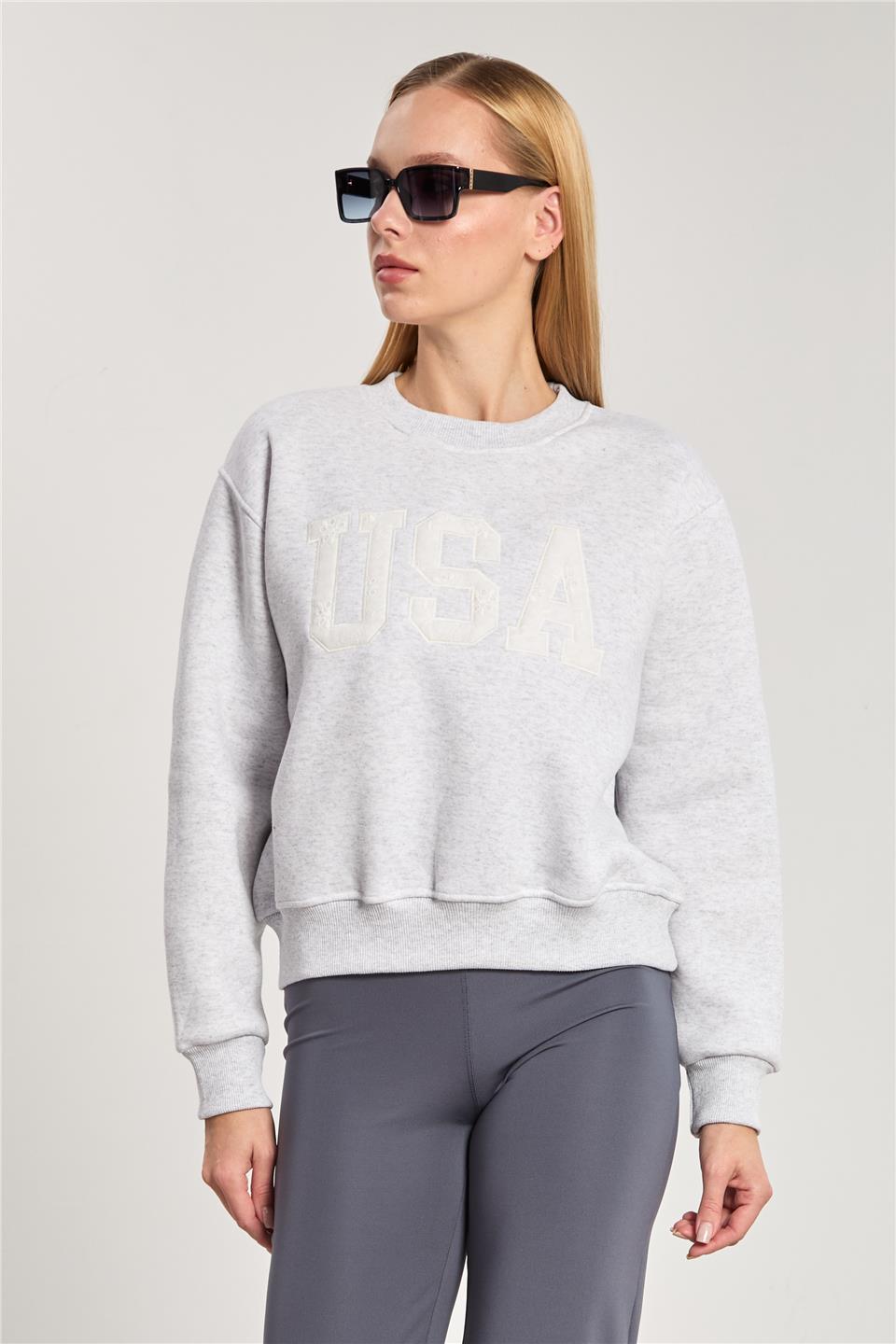 Kadın Önü Dantel Baskılı Sweatshirt - Kar Melanj