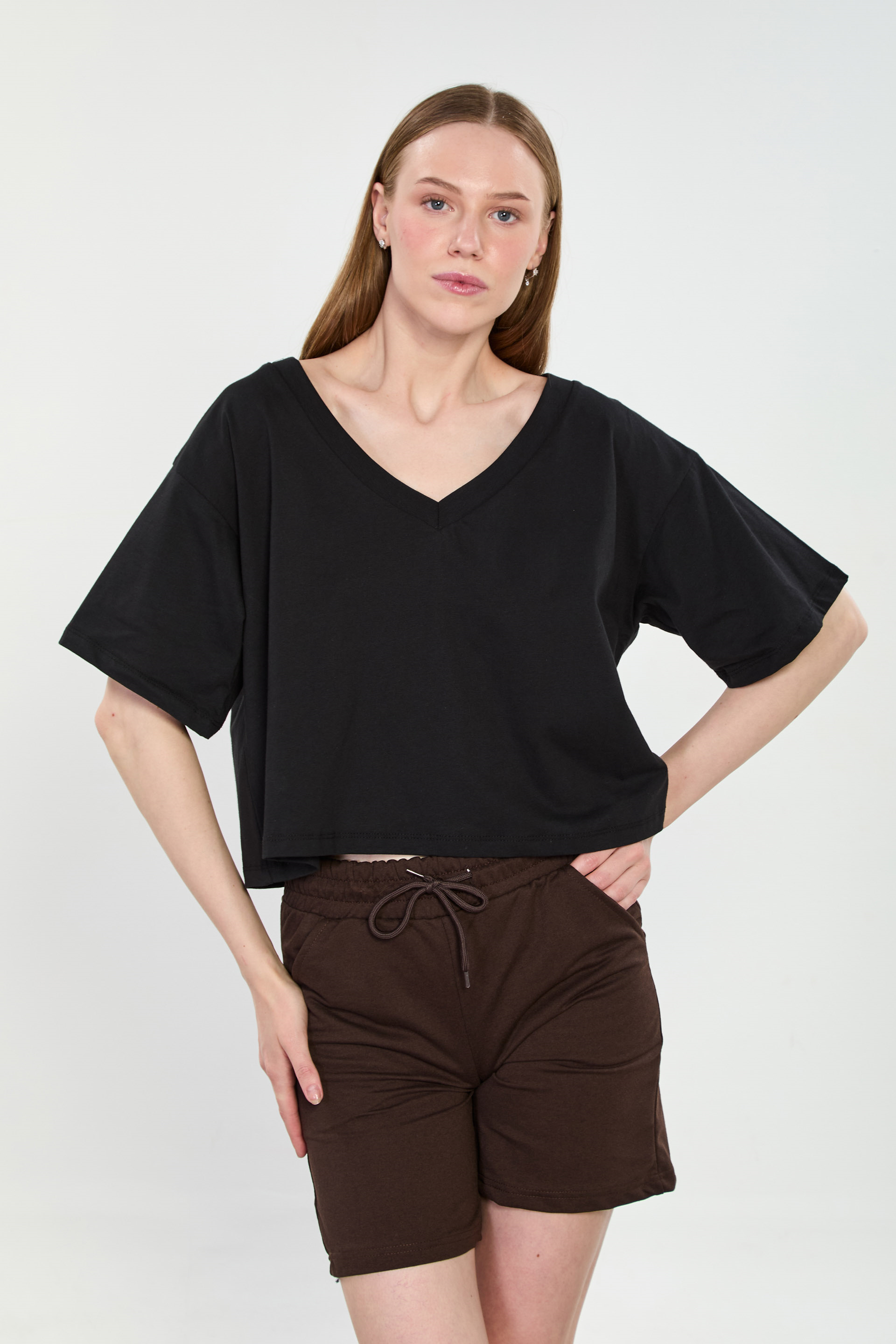 Kadın V Yaka Kısa Oversize T-Shirt - Siyah