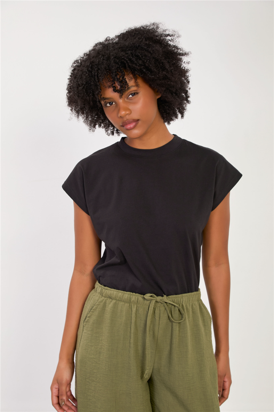 Kadın Düşük Kol Basic T-Shirt - Siyah