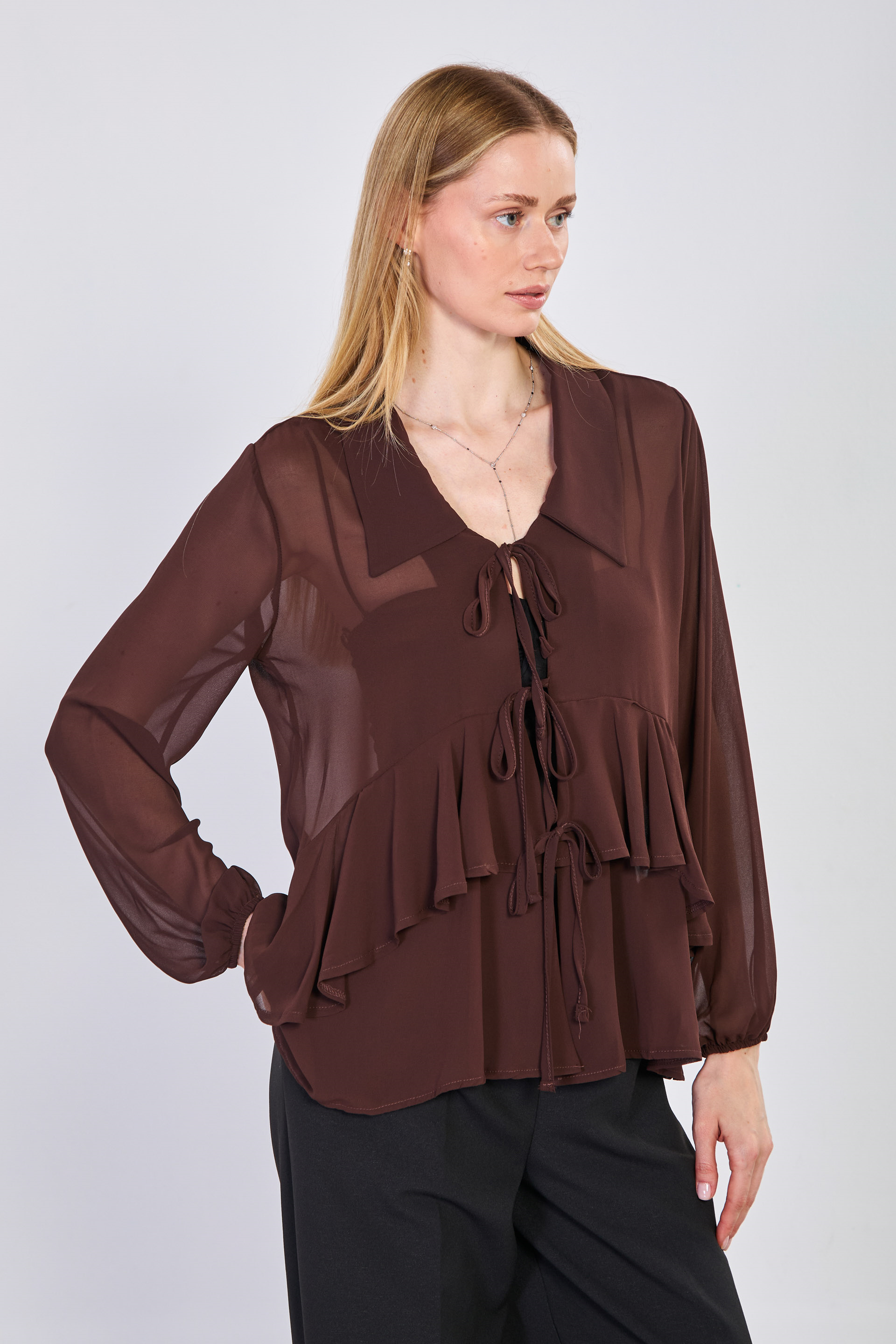 Kadın Önü Bağlamalı Fırfırlı Şifon Bluz - Acı Kahve