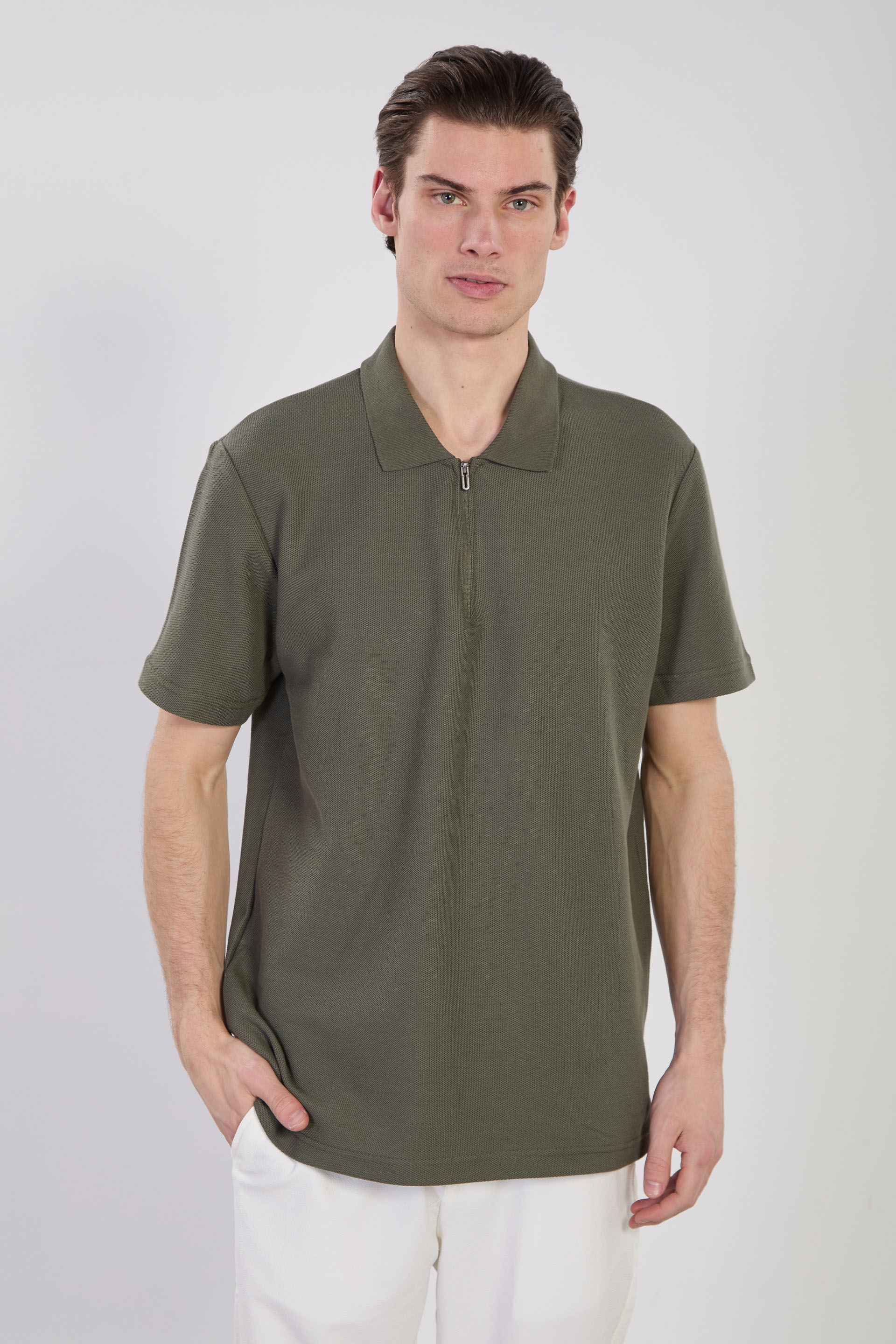 Erkek Fermuarlı Polo Yaka T-Shirt - Haki 