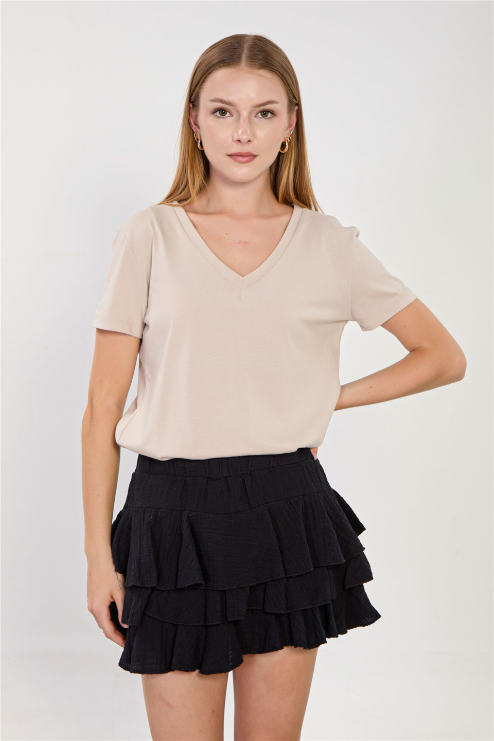 Kadın V Yaka Basic T-Shirt - Taş
