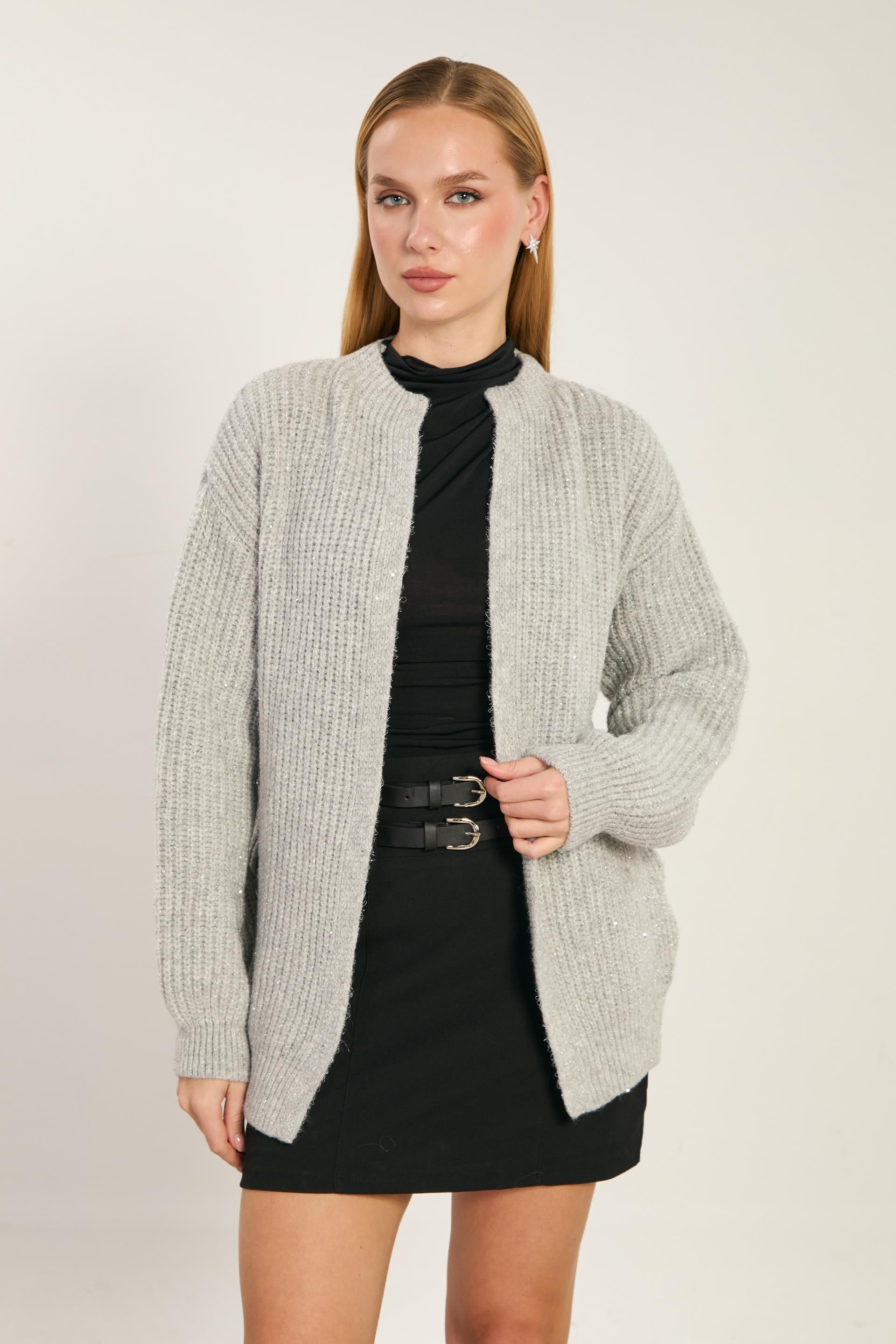 Kadın Sakallı Simli Uzun Kollu Triko Hırka - Açık Gri