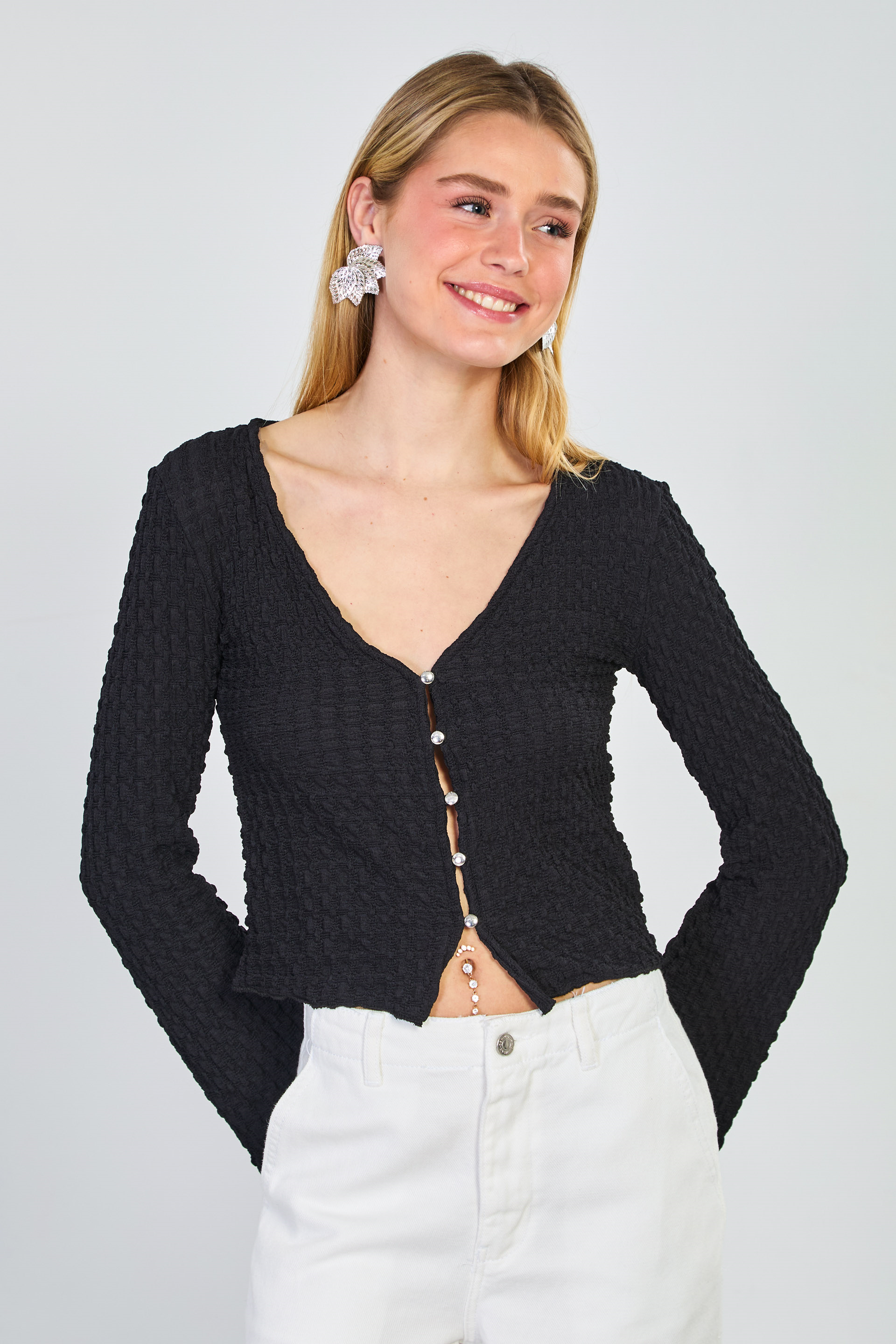 Kadın Önü Düğmeli İspanyol Kol Bluz - Siyah