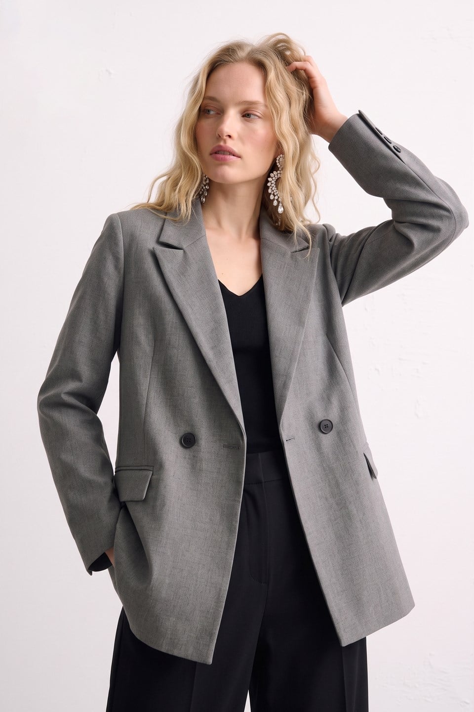 Kadın Çift Düğmeli Blazer Ceket - Okul Gri