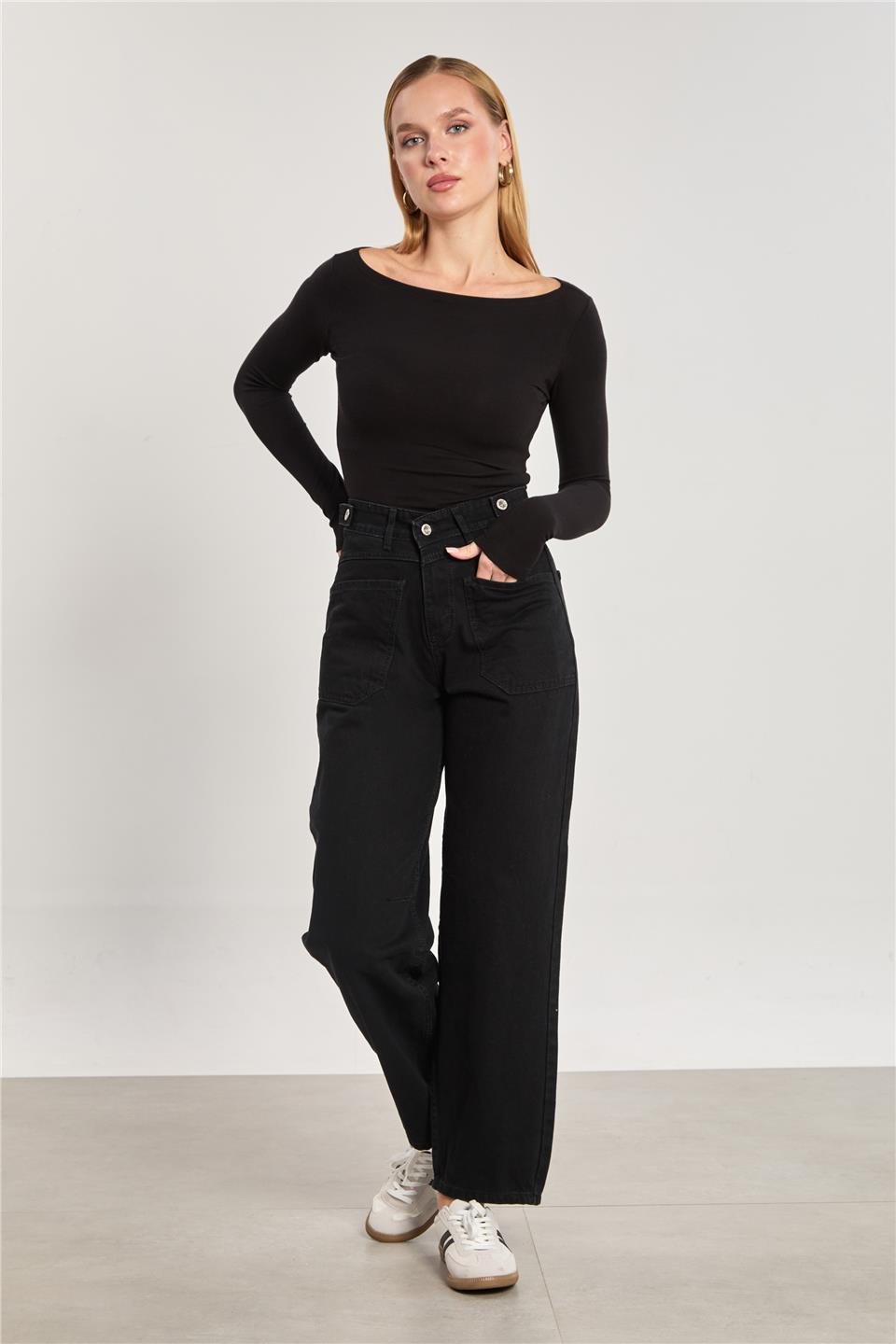 Kadın Ön Cepli Baggy Jean Pantolon - Siyah