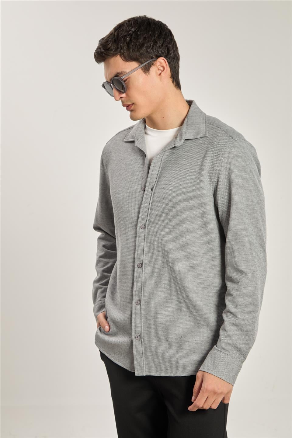 Erkek Yaka Düğmeli Waffle Gömlek - Gri Melanj