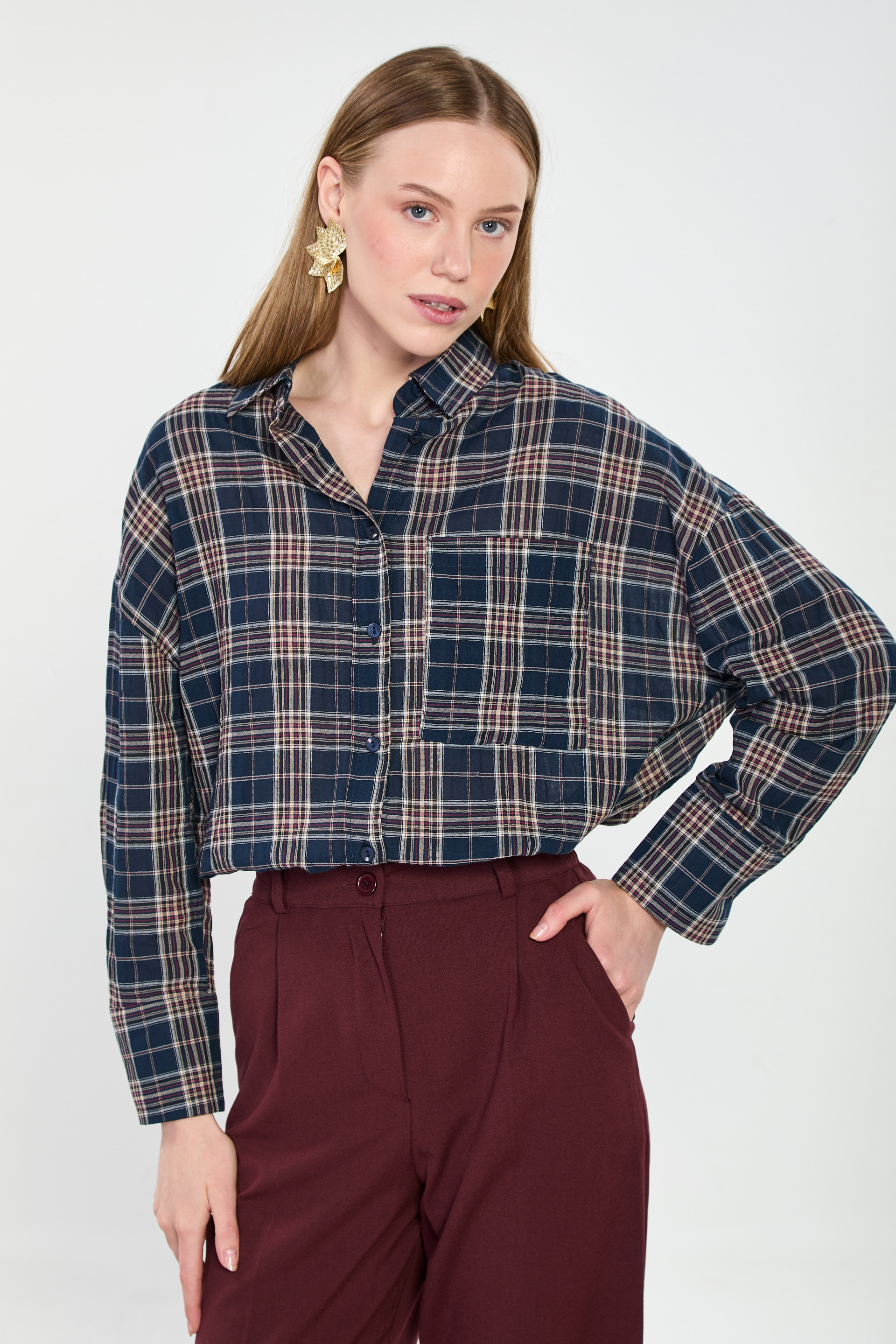 Kadın Çizgili Kareli Gömlek - Lacivert