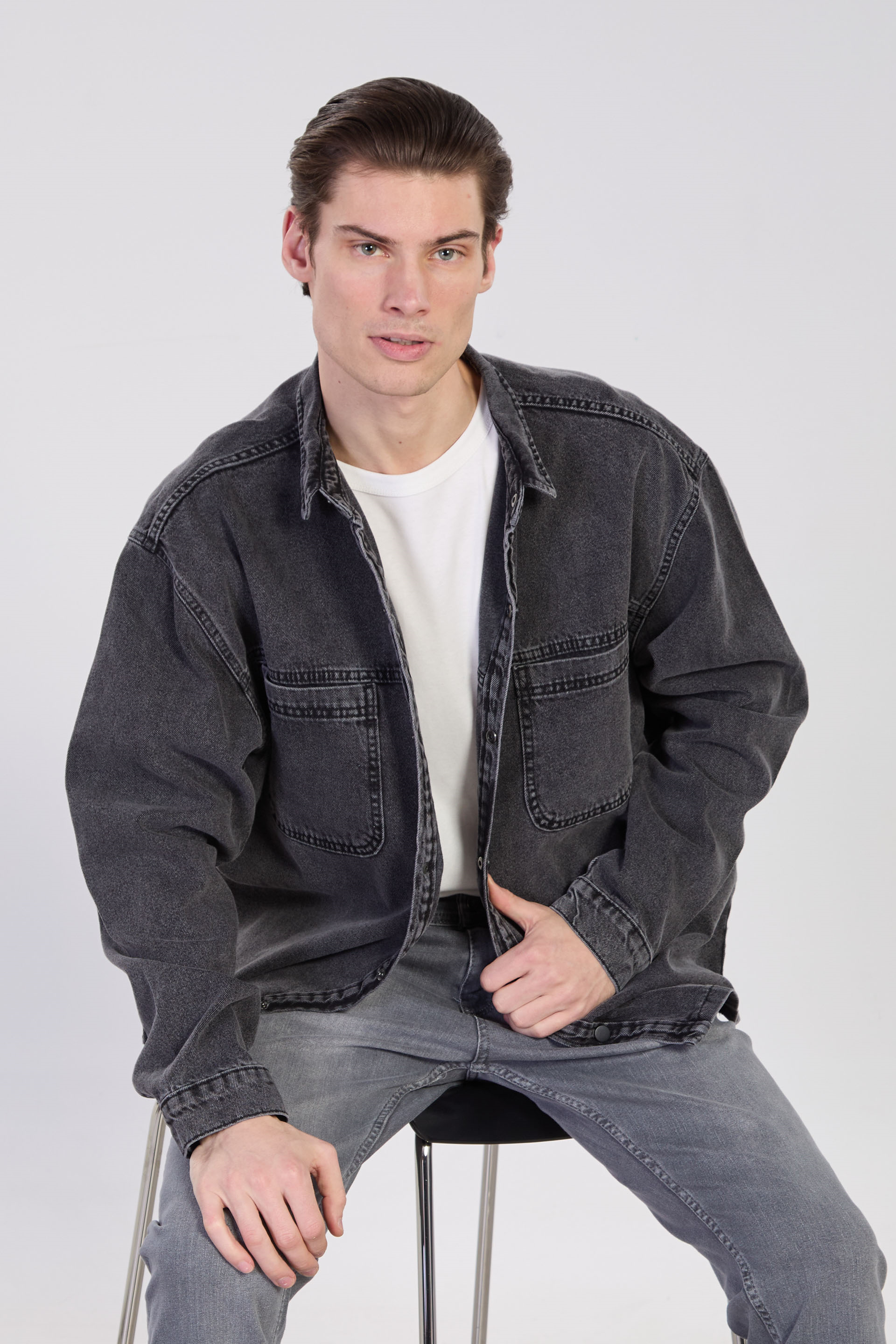 Erkek Çift Cep Çıtçıtlı Denim Ceket - Siyah Kar Y.